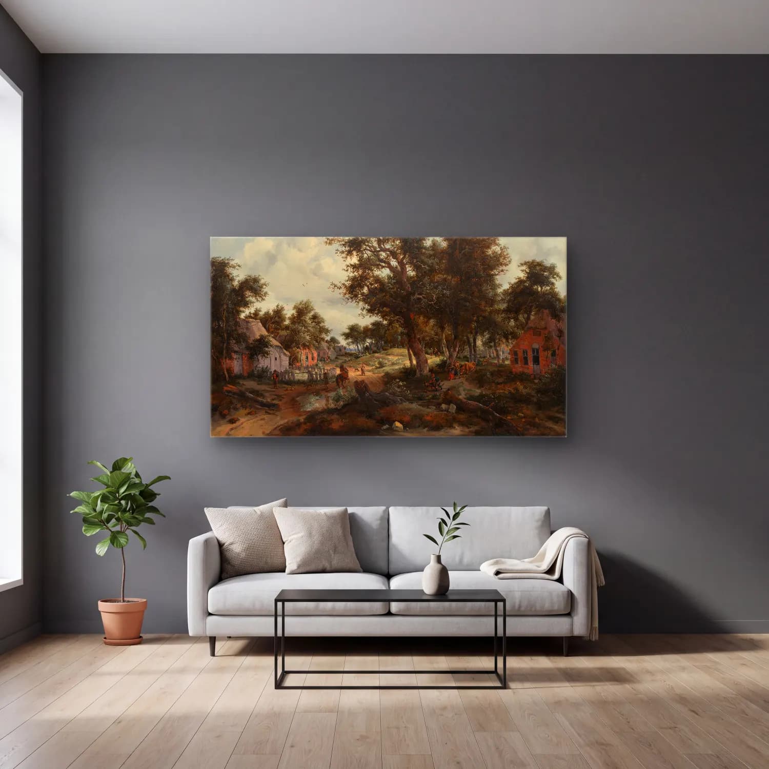 Meindert Hobbema – A Wooded Landscape with Travelers on a Path through a Hamlet cam tablo — gri duvarlı salonda