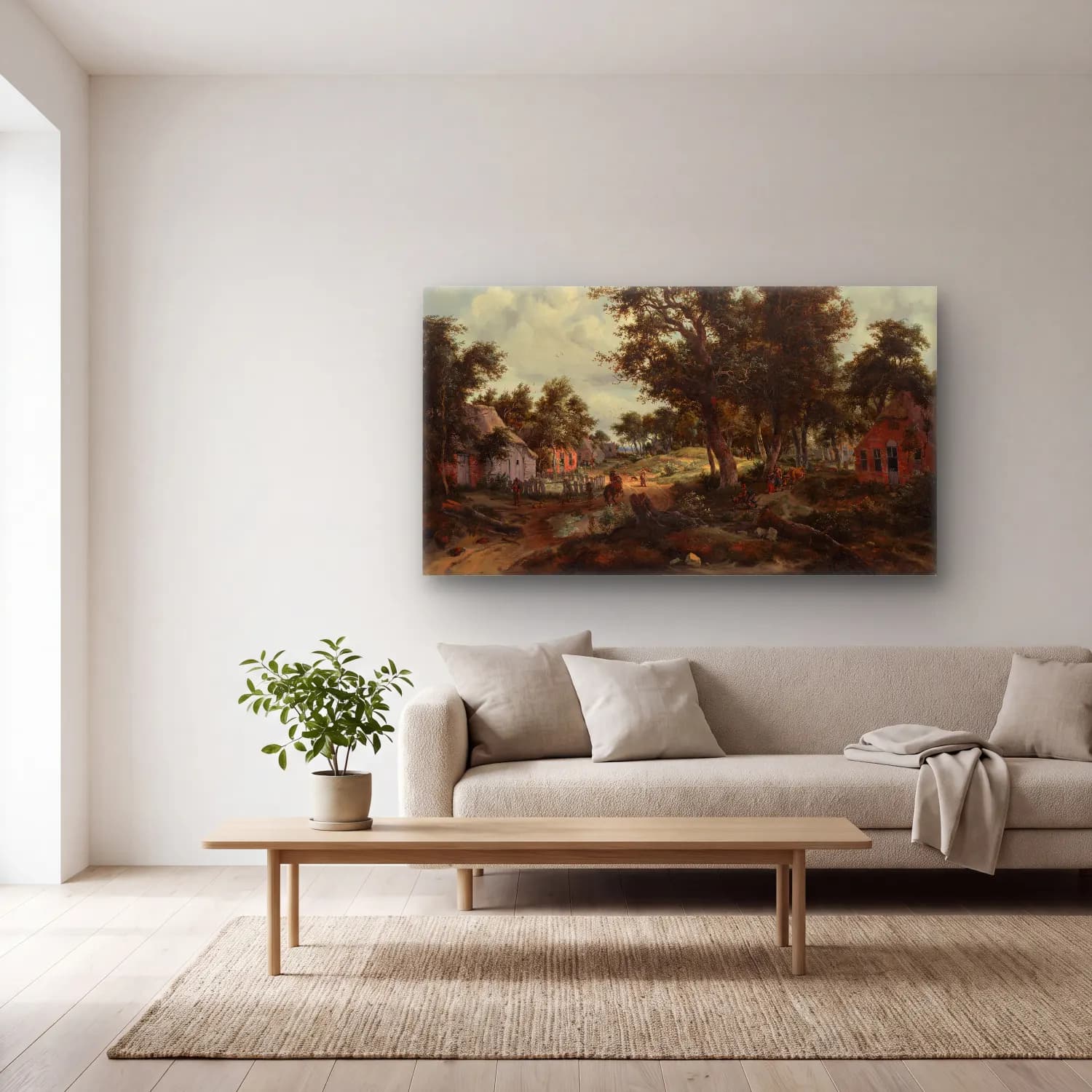 Meindert Hobbema – A Wooded Landscape with Travelers on a Path through a Hamlet cam tablo — açık renk salonda