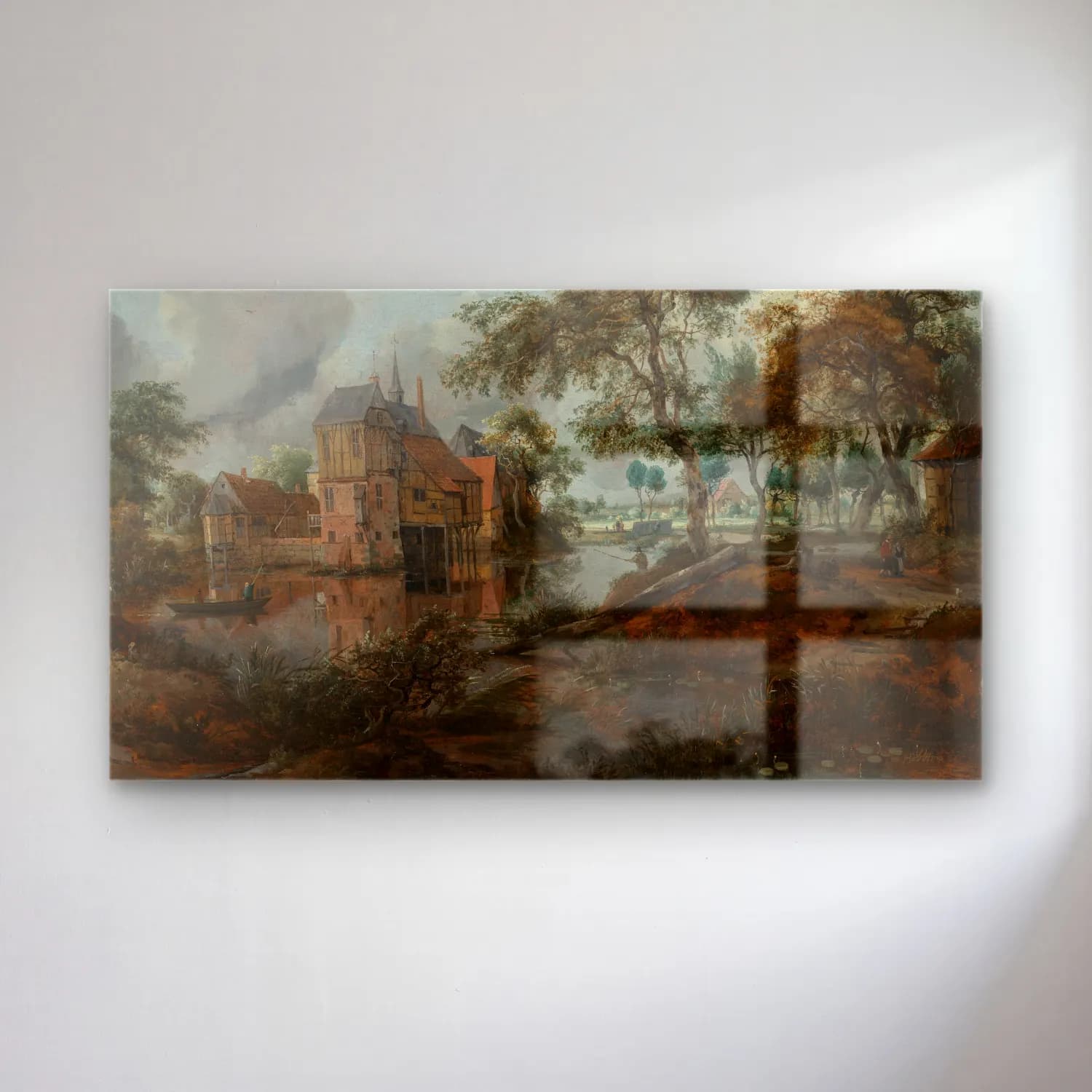 Meindert Hobbema – Das Schloss von Ootmarsum (ca 1670) cam tablo — Meindert Hobbema – Das Schloss von Ootmarsum (ca 1670) — yağlı boya kırda nehir
