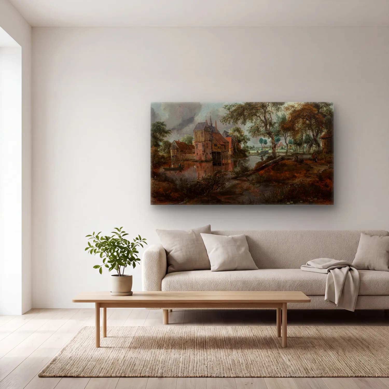 Meindert Hobbema – Das Schloss von Ootmarsum (ca 1670) cam tablo — açık renk salonda