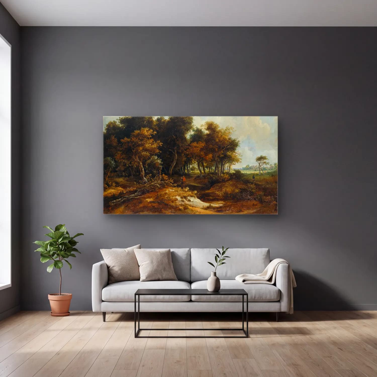 Meindert Hobbema – Entrance to a Forest (ca. 1663 – 1665) cam tablo — gri duvarlı salonda