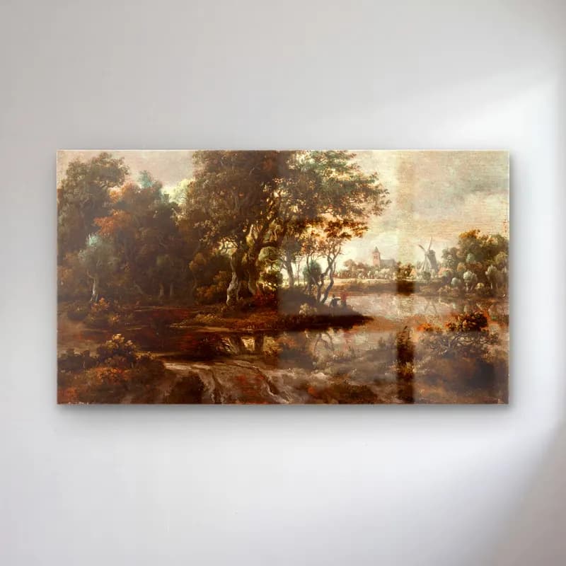Meindert Hobbema – Landscape with Anglers and a Distant Town (circa 1664-1665) cam tablo — Meindert Hobbema – Landscape with Anglers and a Distant Town (circa 1664-1665) — yağlı boya kırda nehir