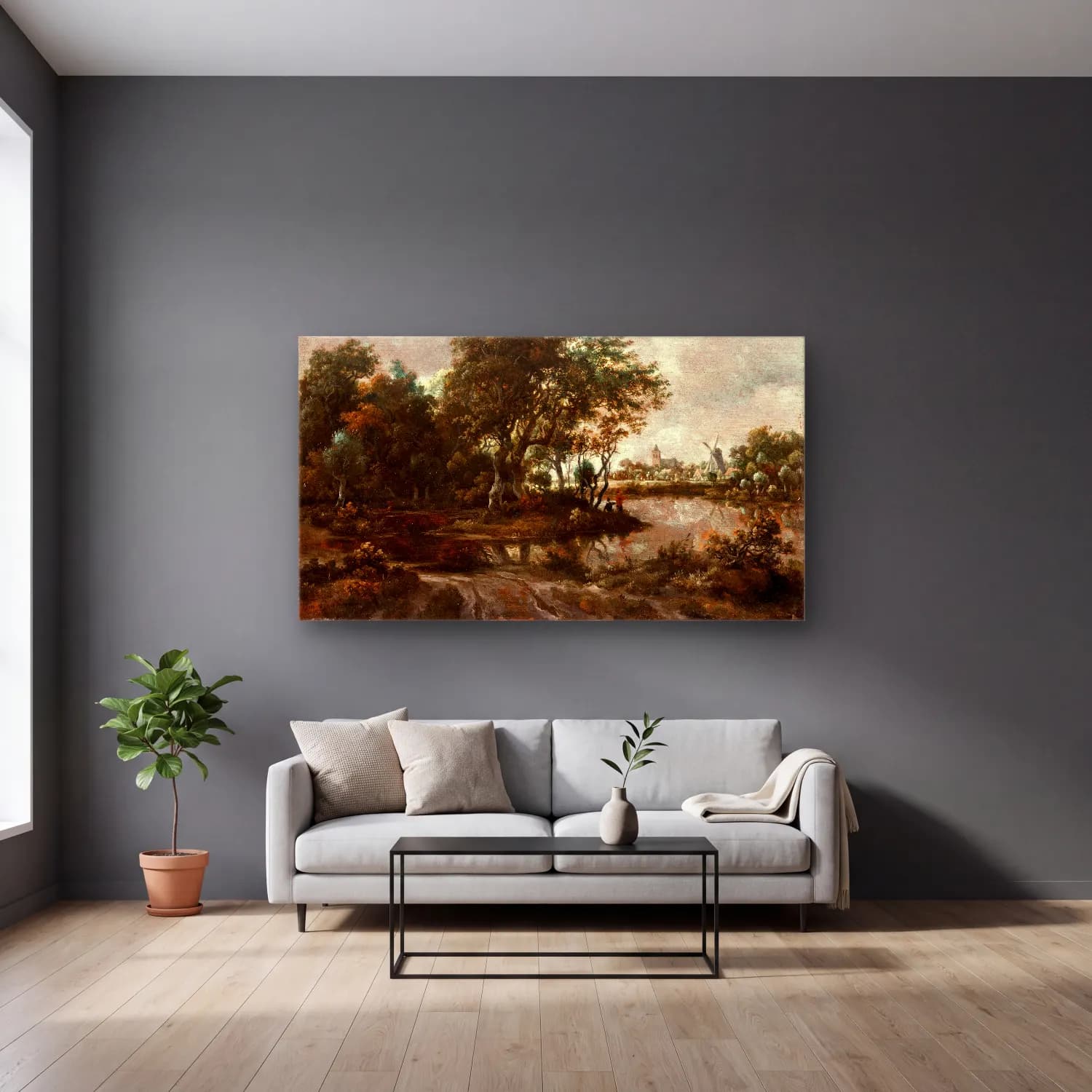 Meindert Hobbema – Landscape with Anglers and a Distant Town (circa 1664-1665) cam tablo — gri duvarlı salonda