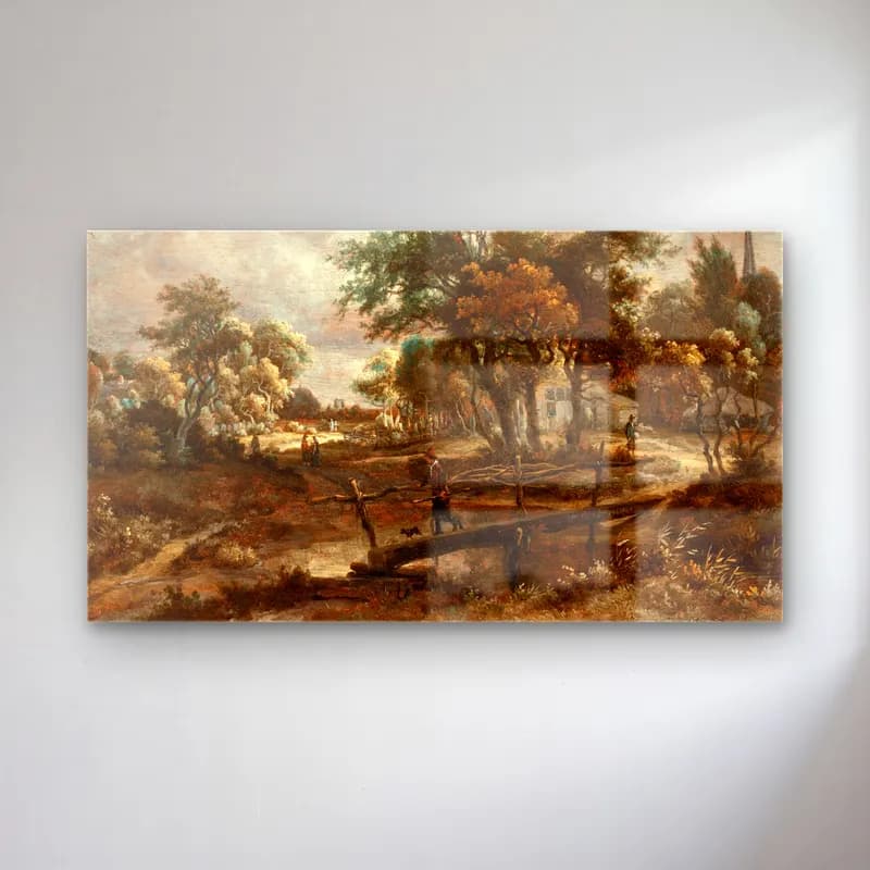 Meindert Hobbema – Landscape with a Footbridge (circa 1664-1665) cam tablo — Meindert Hobbema – Landscape with a Footbridge (circa 1664-1665) — yağlı boya savaş sahnesi