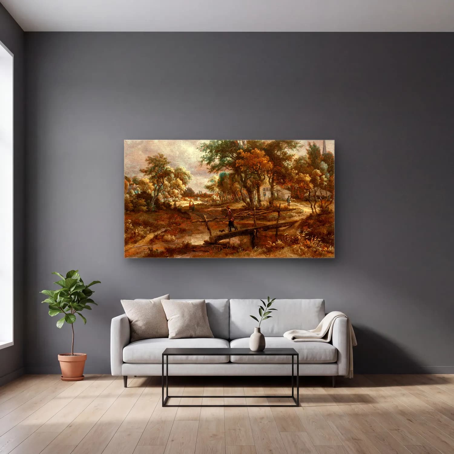 Meindert Hobbema – Landscape with a Footbridge (circa 1664-1665) cam tablo — gri duvarlı salonda