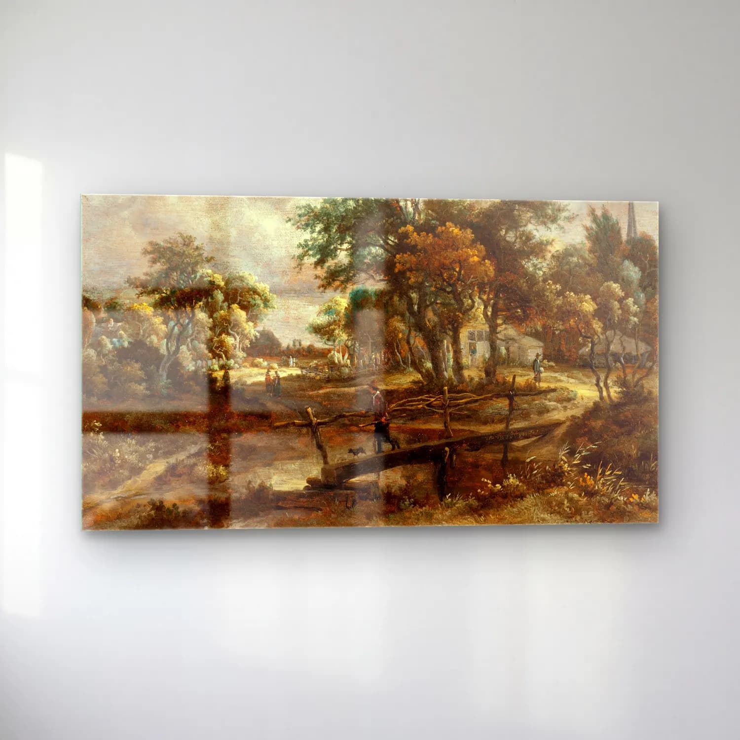 Meindert Hobbema – Landscape with a Footbridge (circa 1664-1665) cam tablo — sol açıdan görünüm