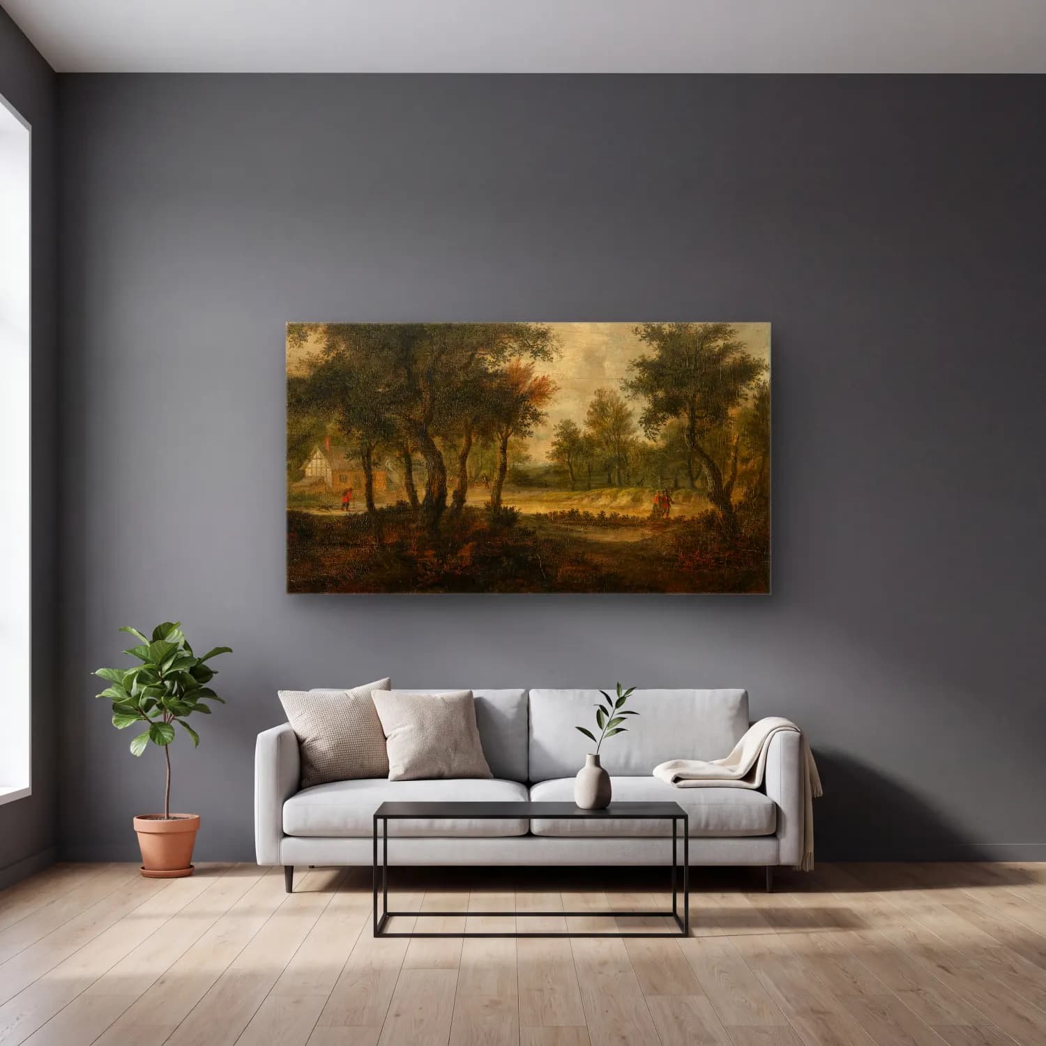 Meindert Hobbema – Landscape with figures cam tablo — gri duvarlı salonda