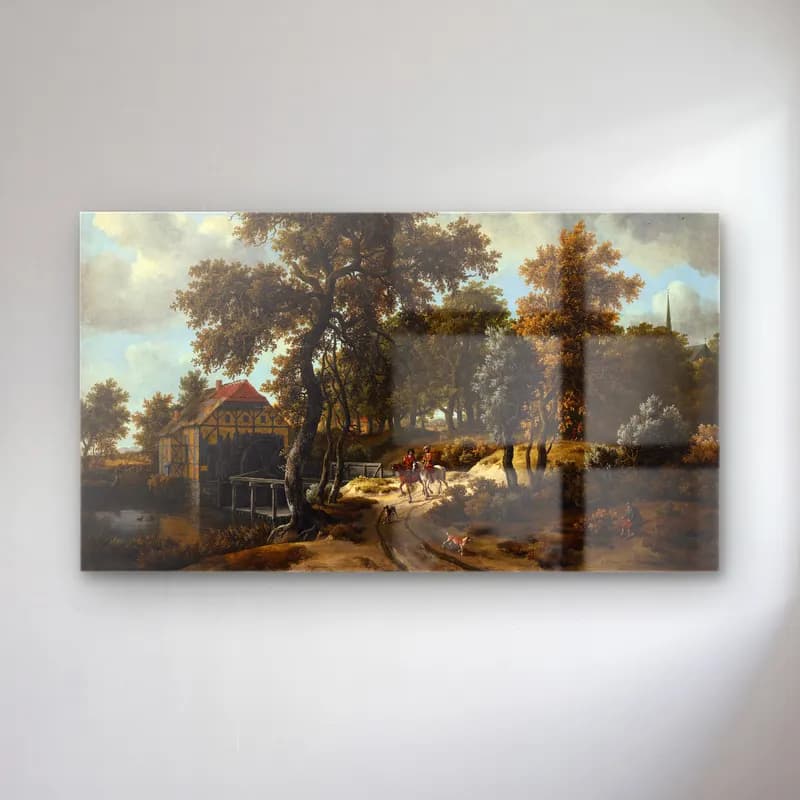 Meindert Hobbema – The Travelers cam tablo — Meindert Hobbema – The Travelers — yağlı boya kırda nehir