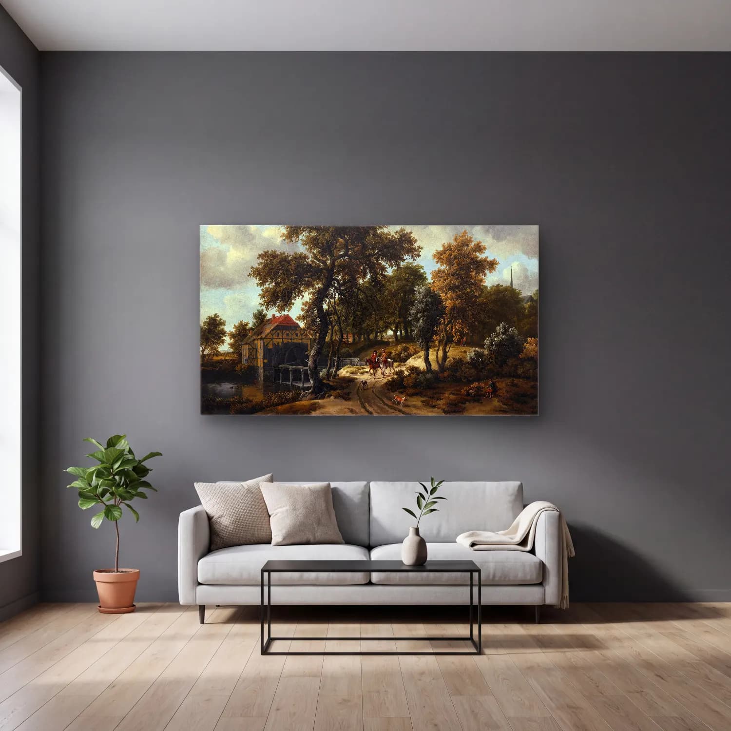 Meindert Hobbema – The Travelers cam tablo — gri duvarlı salonda