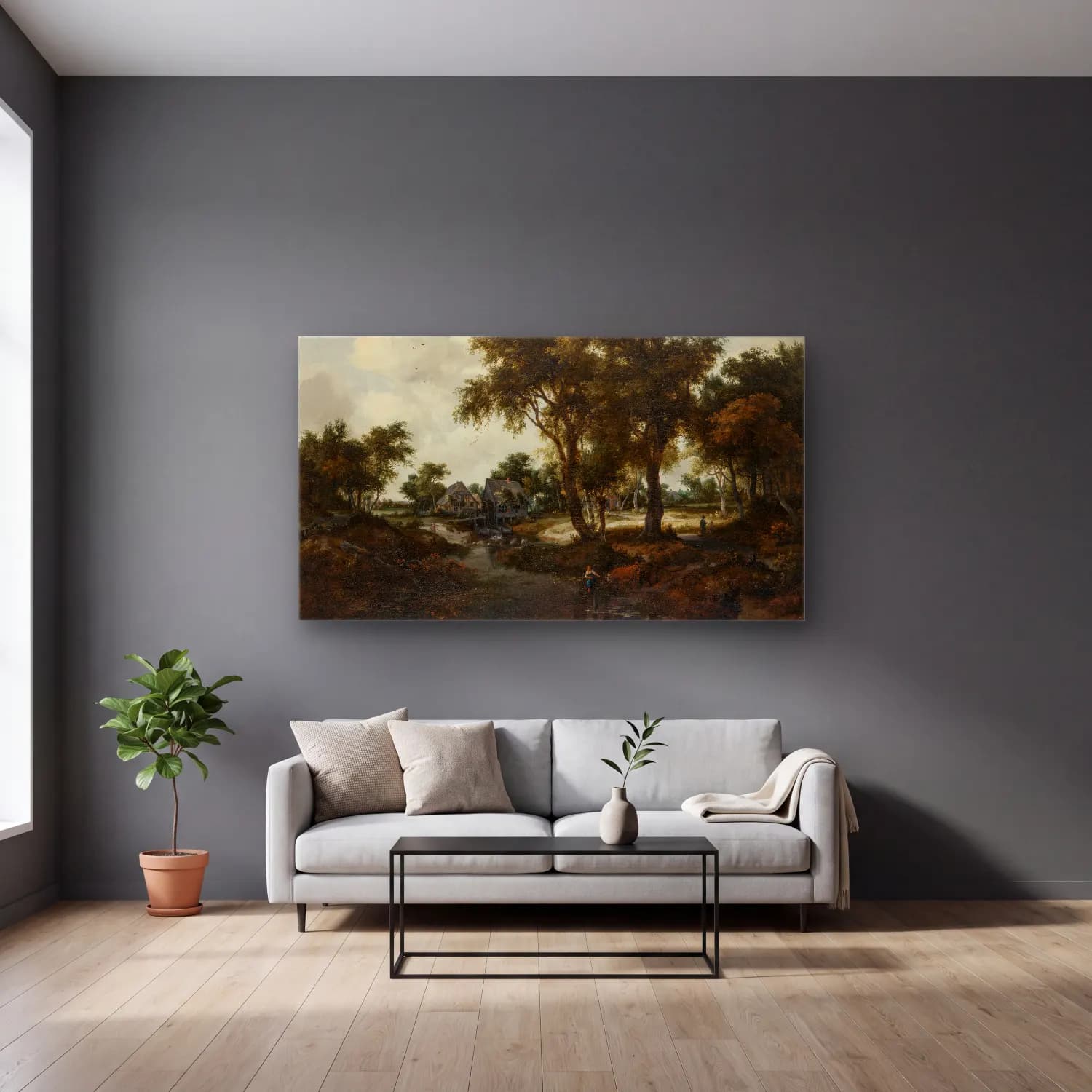 Meindert Hobbema – The Water Mill (The Trevor Landscape) cam tablo — gri duvarlı salonda