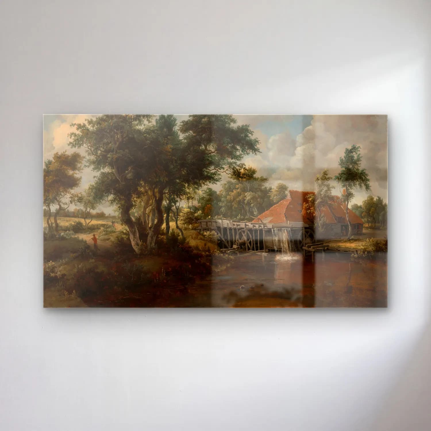 Meindert Hobbema – The Watermill with the Great Red Roof cam tablo — Meindert Hobbema – The Watermill with the Great Red Roof — yağlı boya kırda nehir