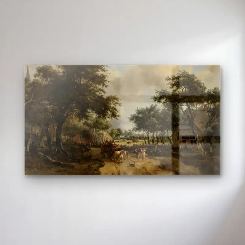 Meindert Hobbema – Wooded Landscape with Merrymakers in a Cart cam tablo — Meindert Hobbema – Wooded Landscape with Merrymakers in a Cart — yağlı boya kır evi