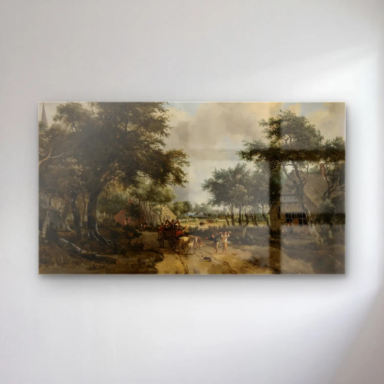 Meindert Hobbema – Wooded Landscape with Merrymakers in a Cart cam tablo — Meindert Hobbema – Wooded Landscape with Merrymakers in a Cart — yağlı boya kır evi