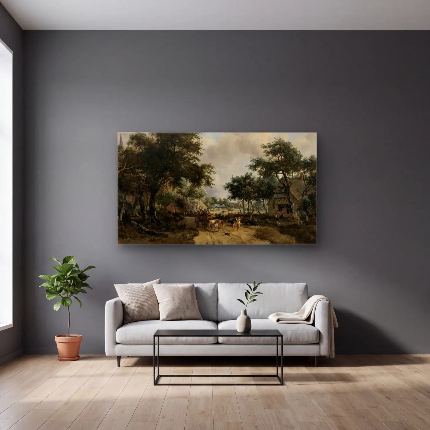 Meindert Hobbema – Wooded Landscape with Merrymakers in a Cart cam tablo — gri duvarlı salonda