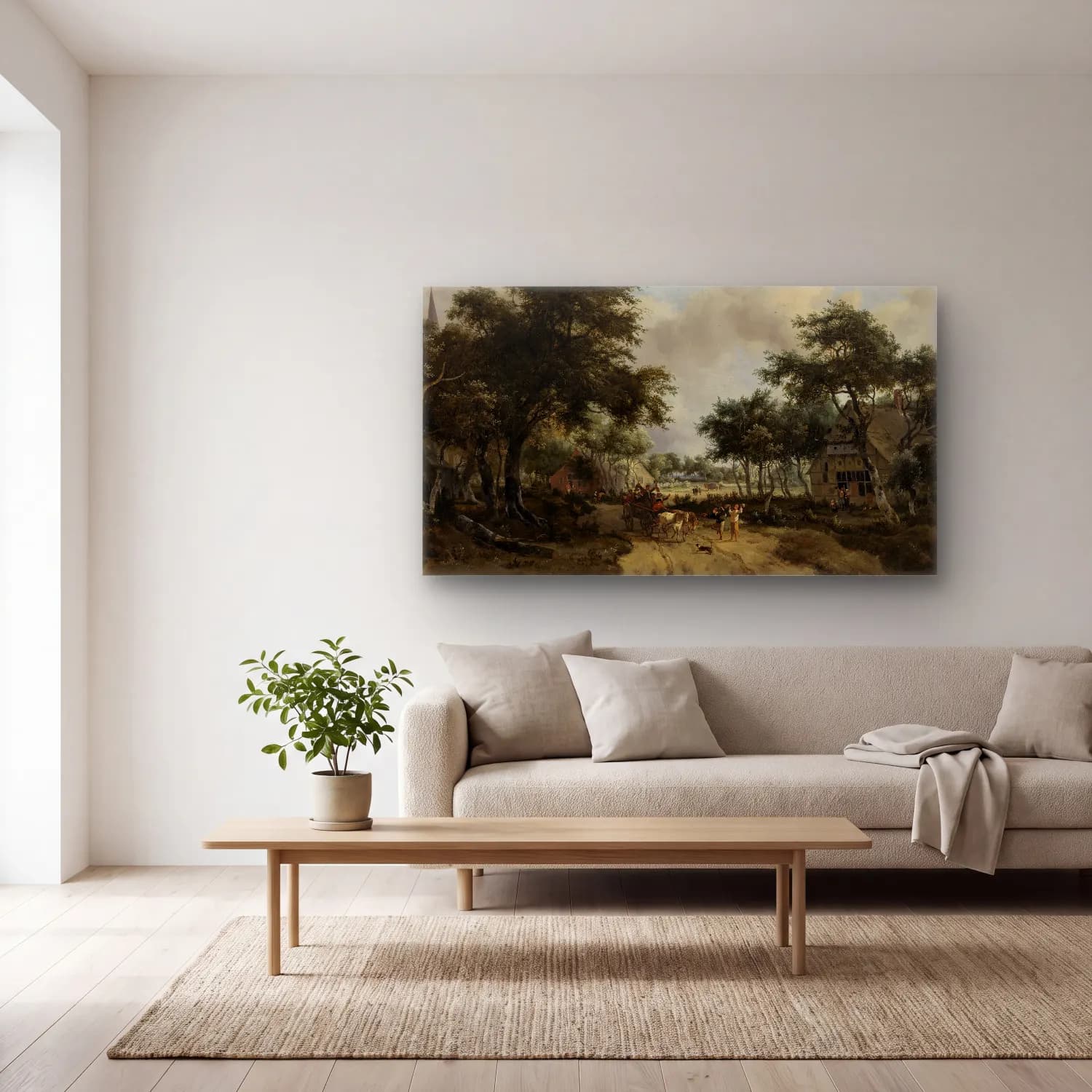 Meindert Hobbema – Wooded Landscape with Merrymakers in a Cart cam tablo — açık renk salonda