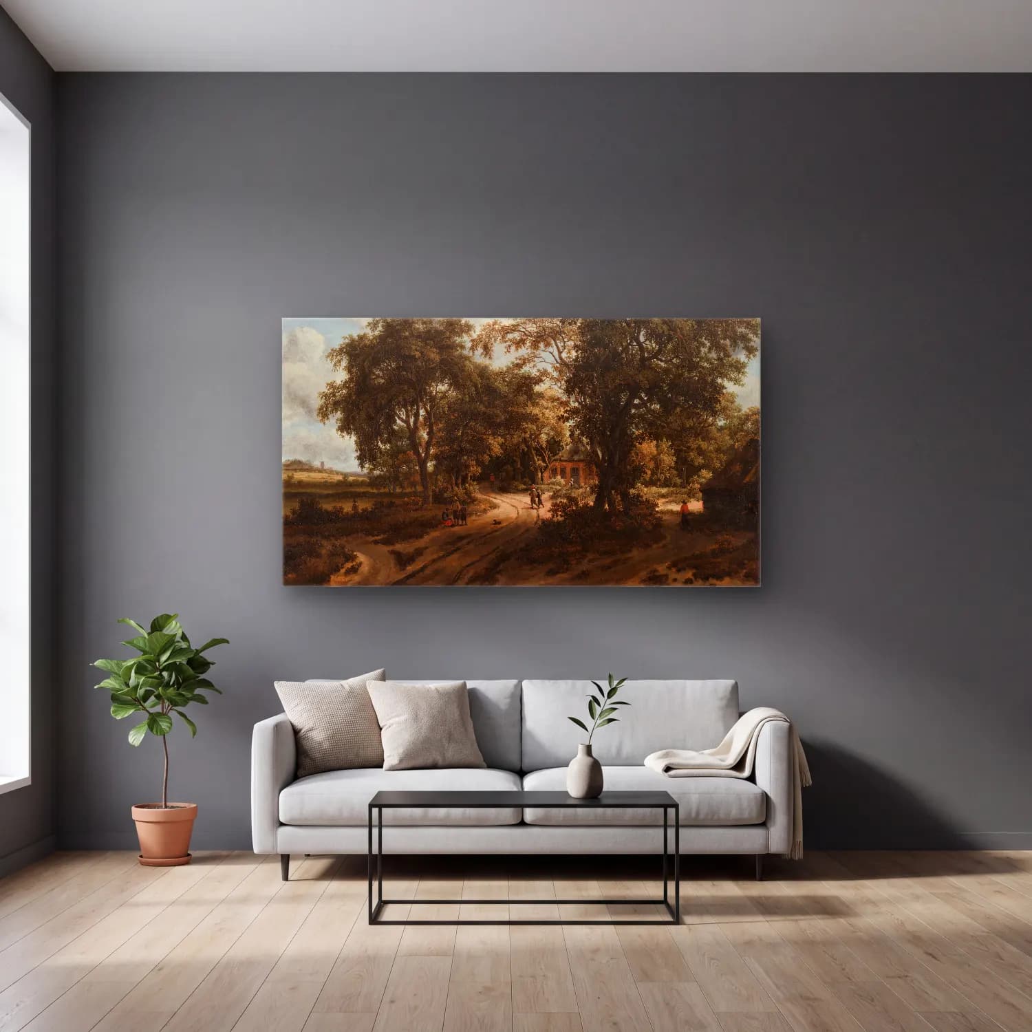Meindert Hobbema – Wooded Landscape with Watermill cam tablo — gri duvarlı salonda