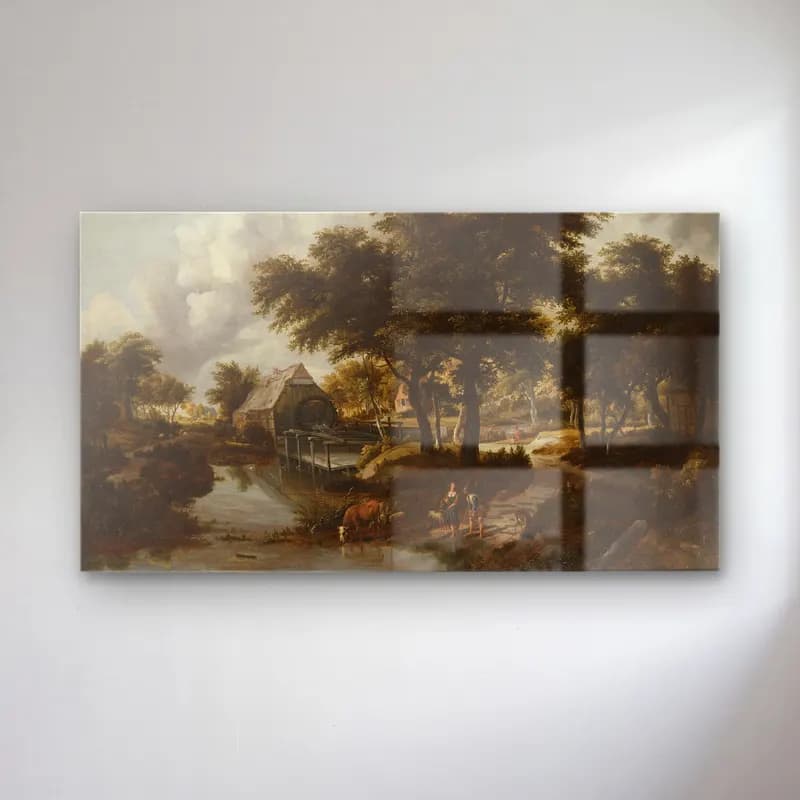 Meindert Hobbema – Wooded Landscape with a Watermill cam tablo — Meindert Hobbema – Wooded Landscape with a Watermill — yağlı boya kırda nehir