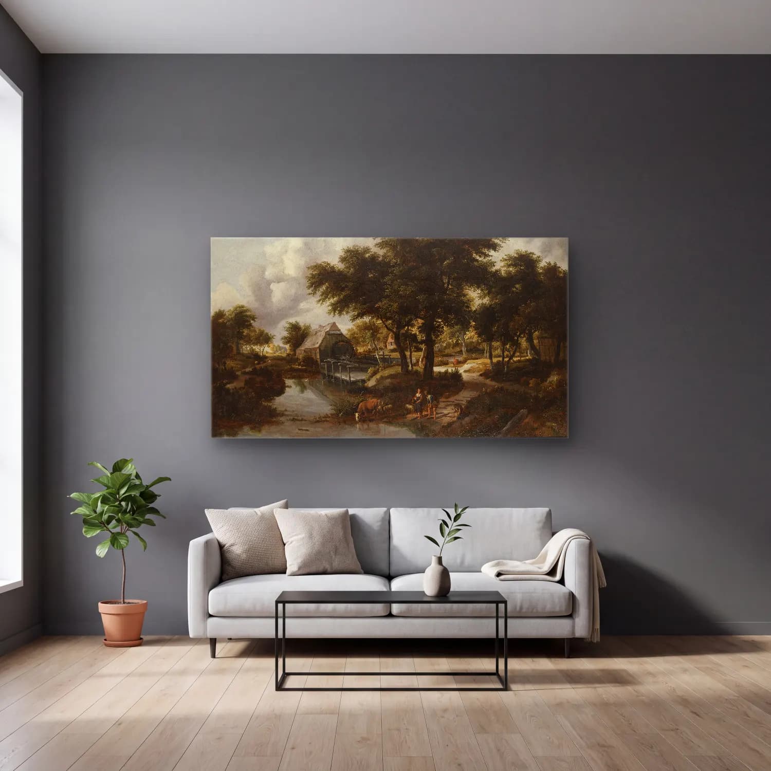 Meindert Hobbema – Wooded Landscape with a Watermill cam tablo — gri duvarlı salonda