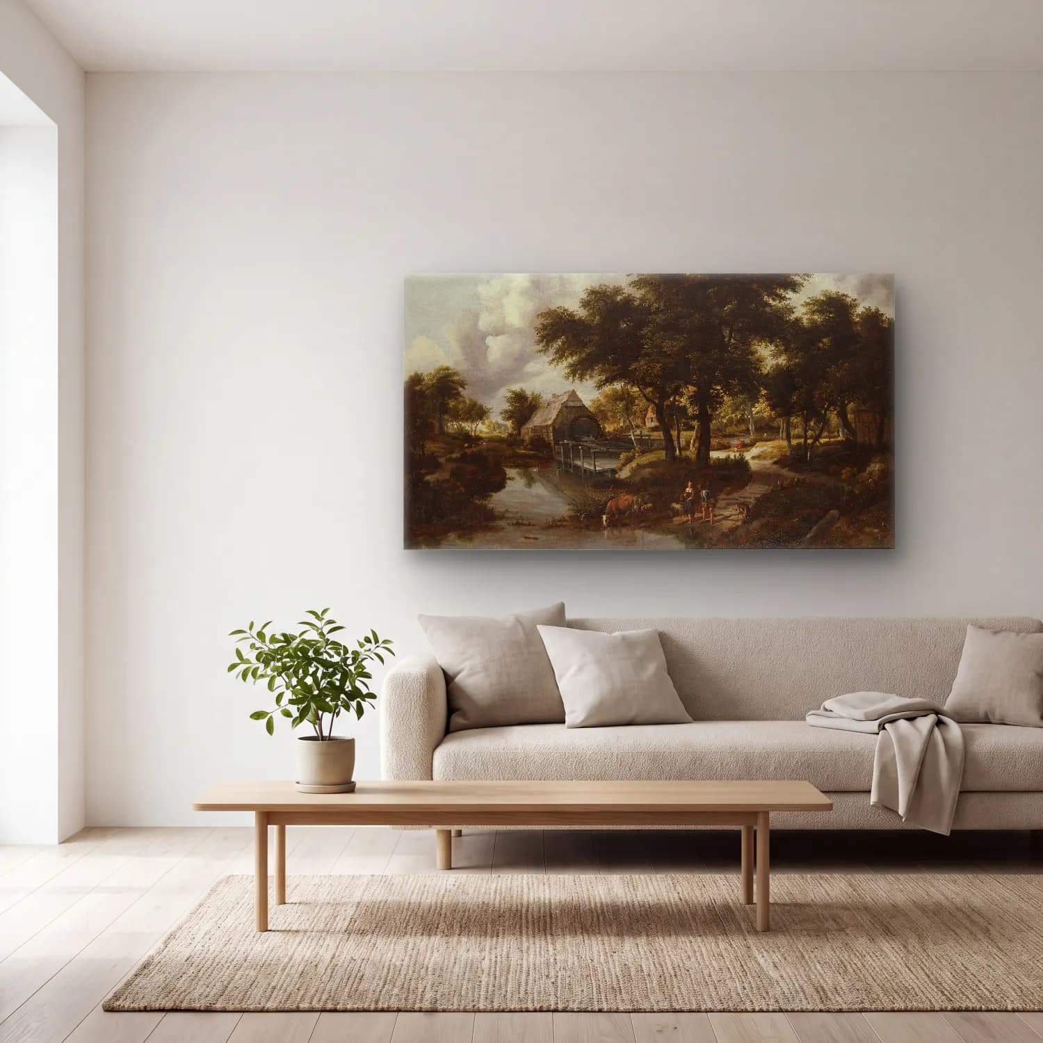 Meindert Hobbema – Wooded Landscape with a Watermill cam tablo — açık renk salonda