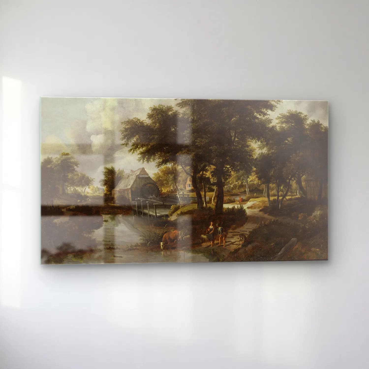Meindert Hobbema – Wooded Landscape with a Watermill cam tablo — sol açıdan görünüm