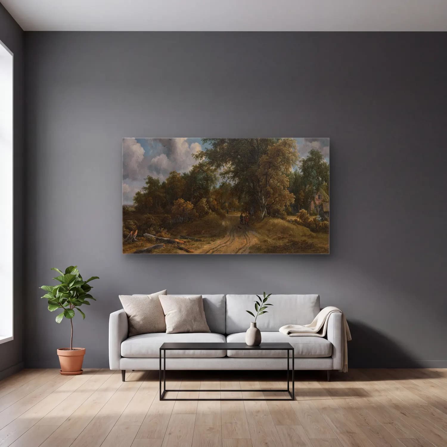 Meindert Hobbema – Woodland Road (ca. 1670) cam tablo — gri duvarlı salonda