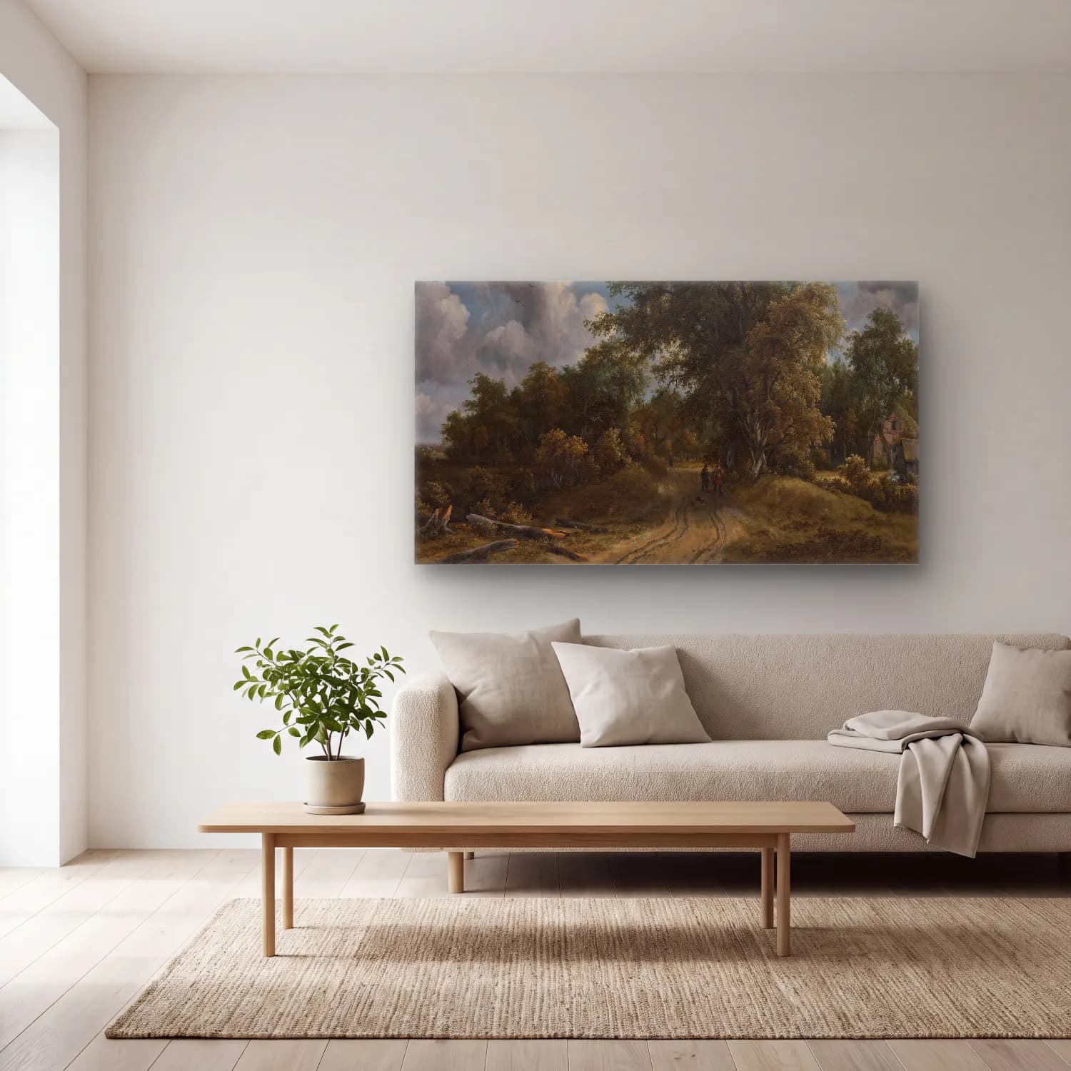 Meindert Hobbema – Woodland Road (ca. 1670) cam tablo — açık renk salonda