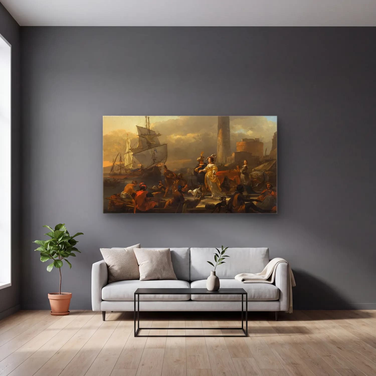 Nicolaes Pietersz. Berchem – A Harbour Scene (ca 1665) cam tablo — gri duvarlı salonda