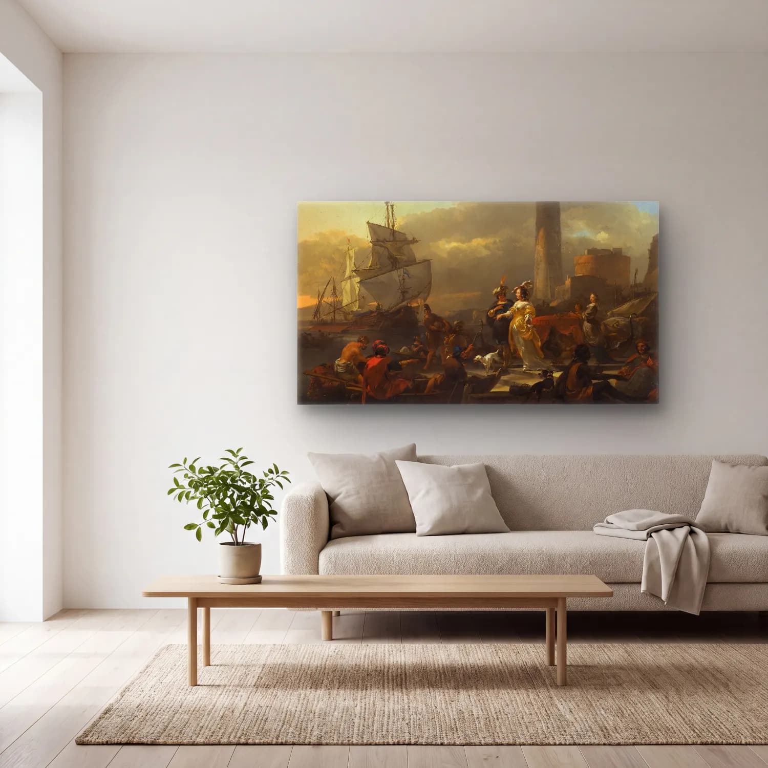 Nicolaes Pietersz. Berchem – A Harbour Scene (ca 1665) cam tablo — açık renk salonda