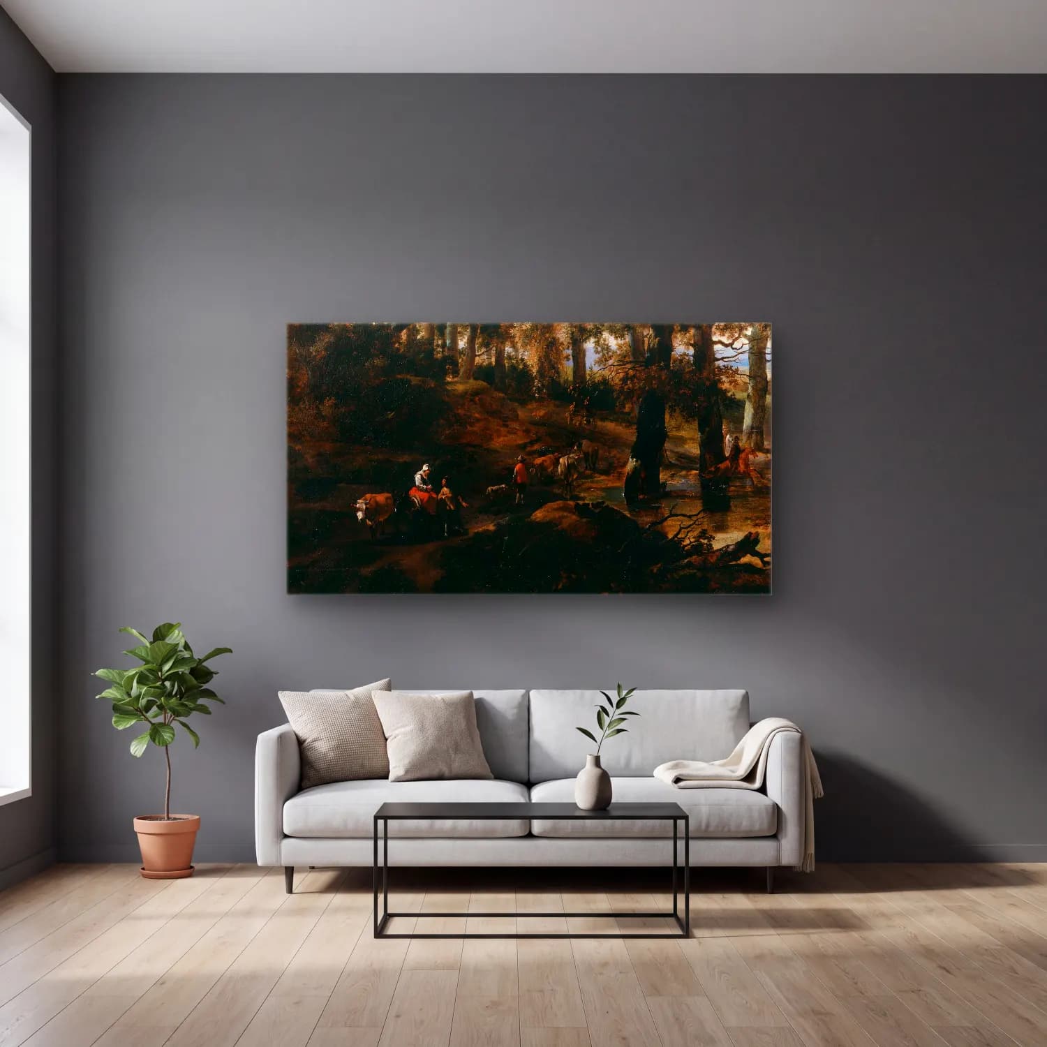 Nicolaes Pietersz. Berchem – A Road through a Wood cam tablo — gri duvarlı salonda