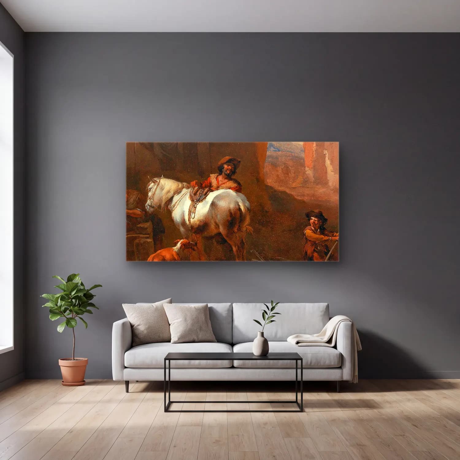 Nicolaes Pietersz. Berchem – A Stable Interior cam tablo — gri duvarlı salonda