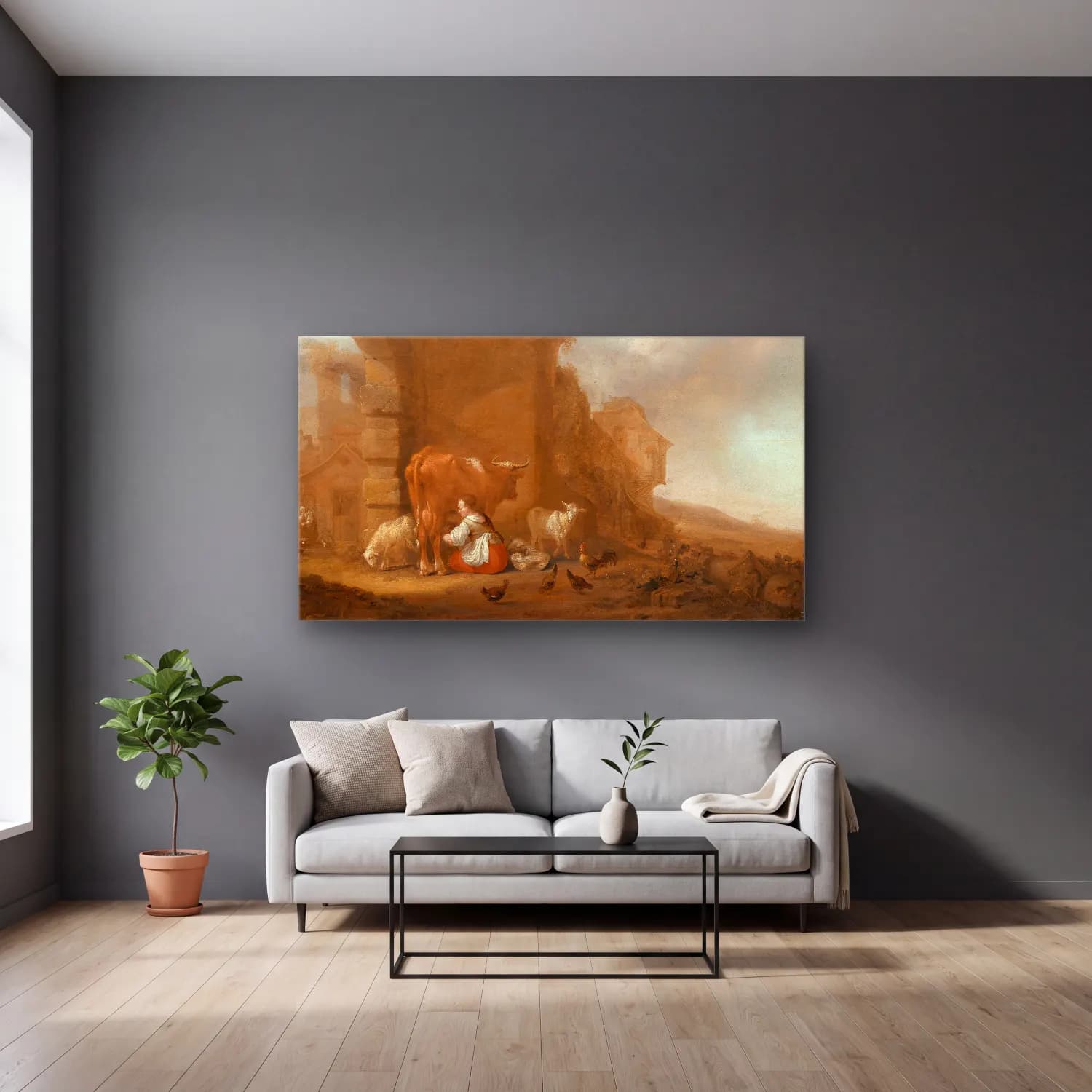 Nicolaes Pietersz. Berchem – A milkmaid amongst ruins cam tablo — gri duvarlı salonda