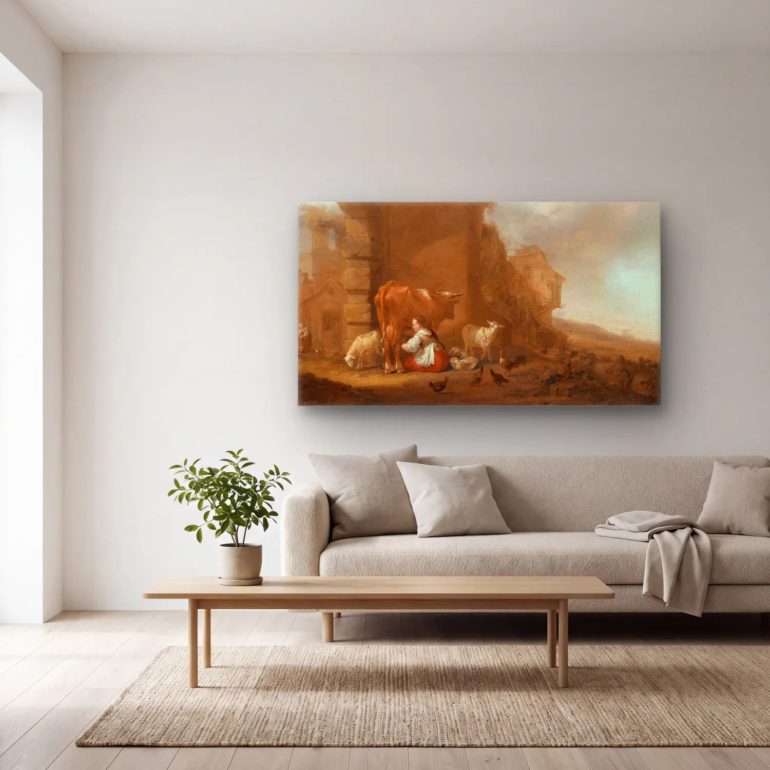 Nicolaes Pietersz. Berchem – A milkmaid amongst ruins cam tablo — açık renk salonda