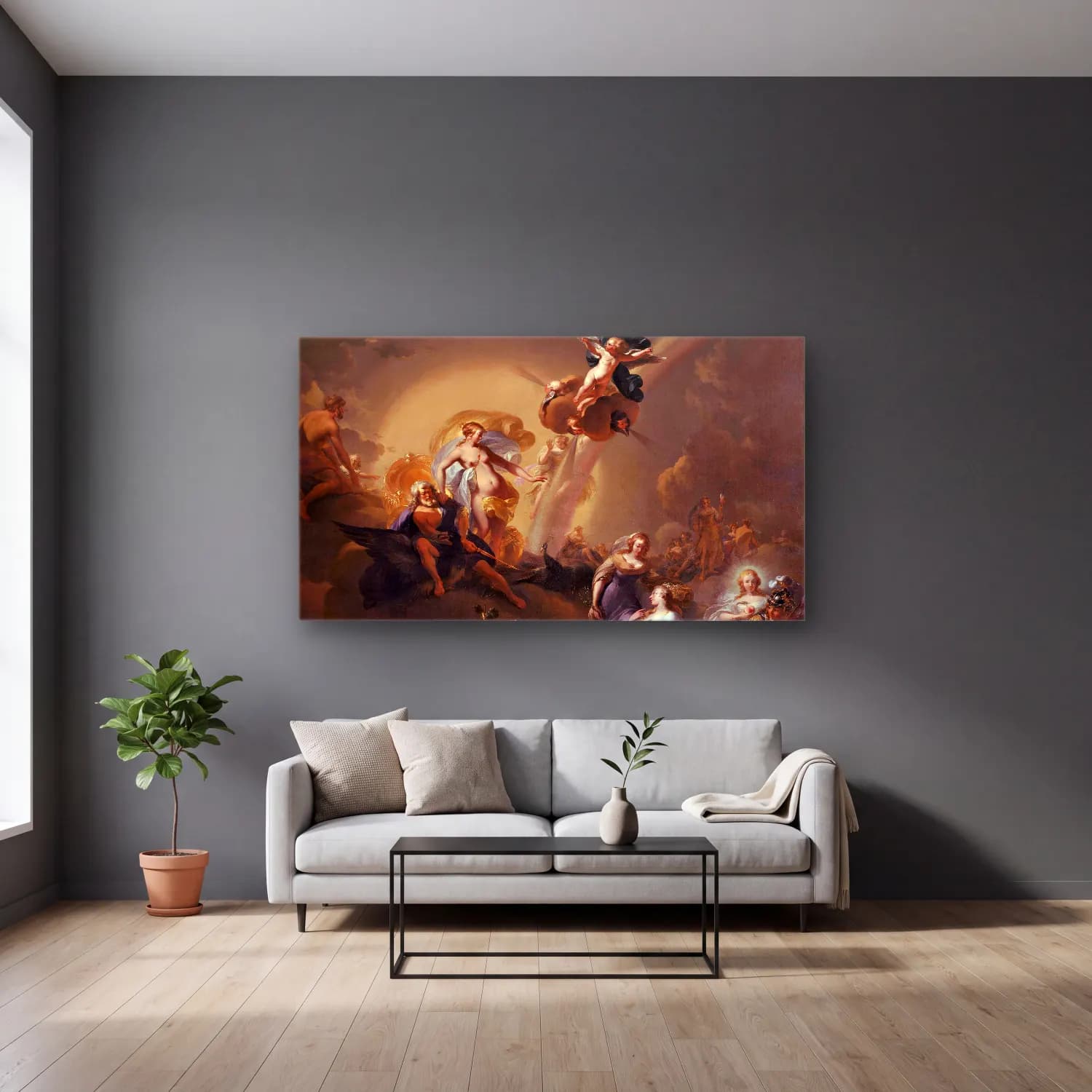 Nicolaes Pietersz. Berchem – Allegory On The Expansion Of Amsterdam (C.1663) cam tablo — gri duvarlı salonda