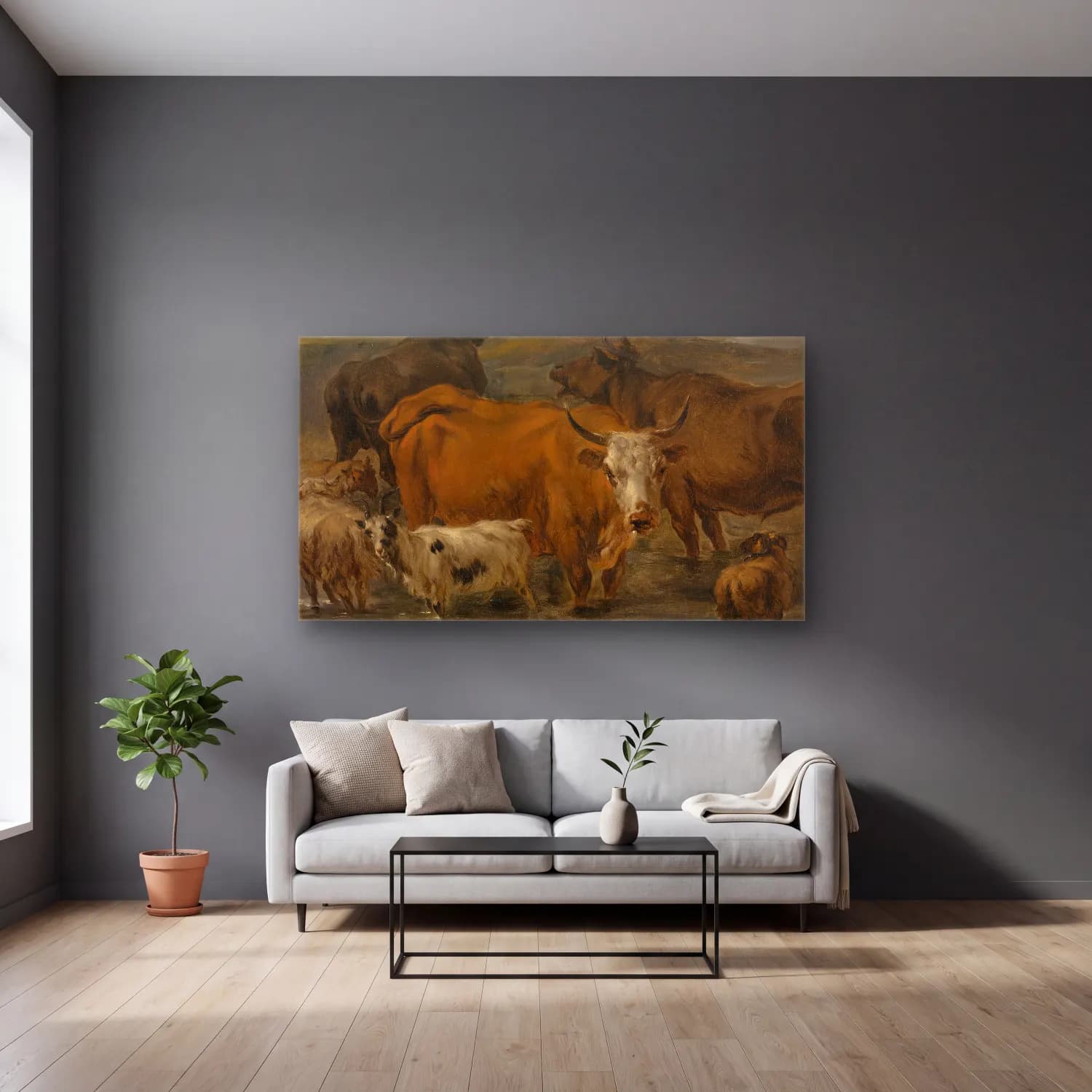 Nicolaes Pietersz. Berchem – Animal Study (17th century) cam tablo — gri duvarlı salonda