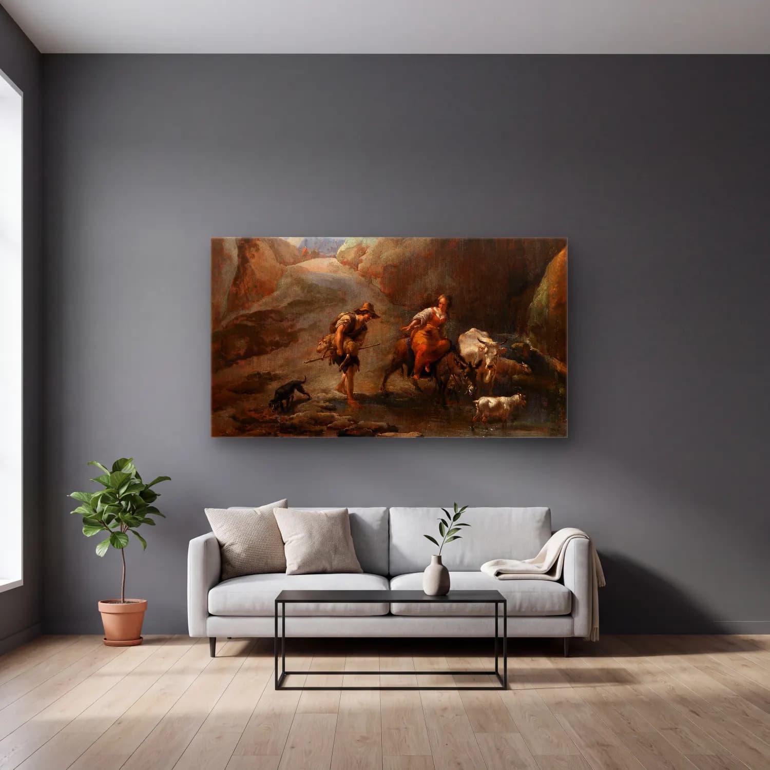 Nicolaes Pietersz. Berchem – Furt im Gebirge cam tablo — gri duvarlı salonda