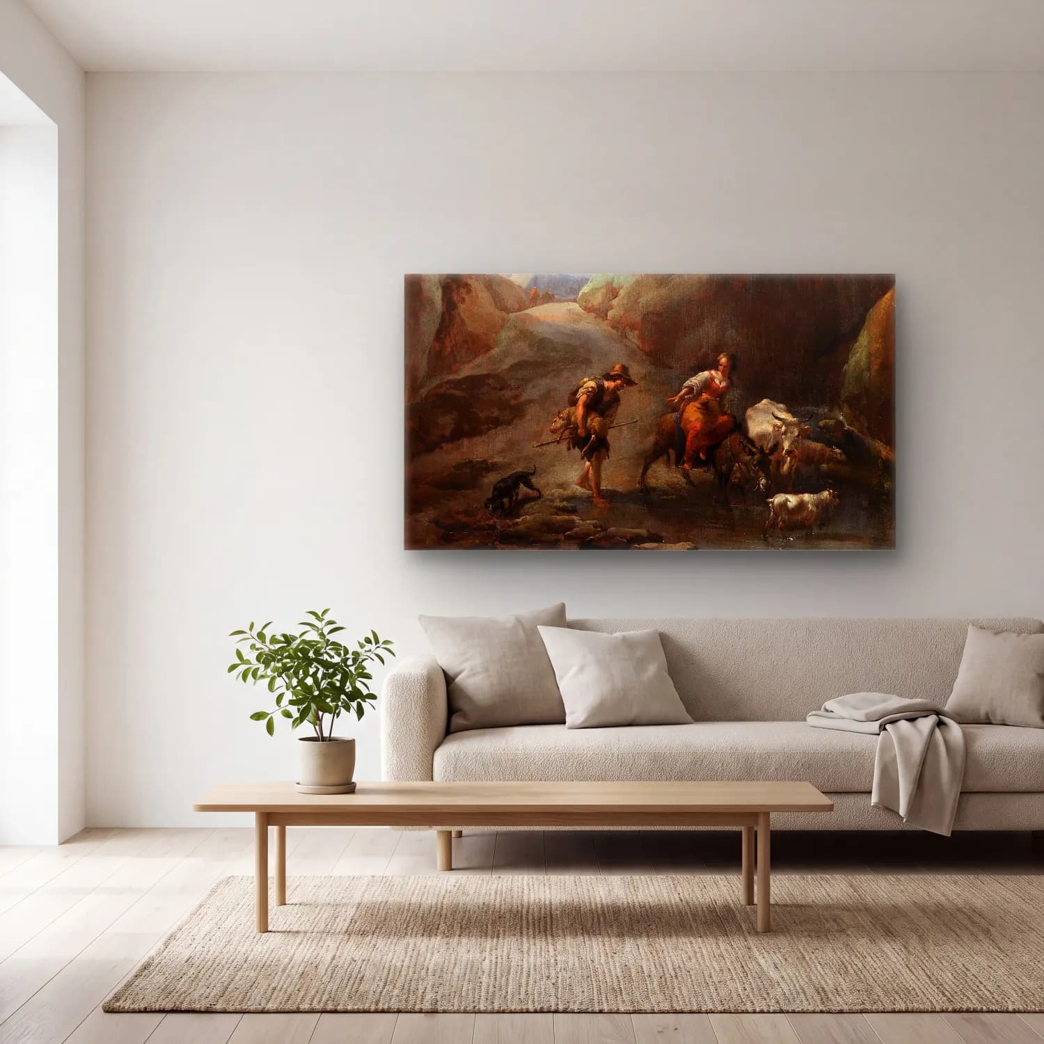 Nicolaes Pietersz. Berchem – Furt im Gebirge cam tablo — açık renk salonda