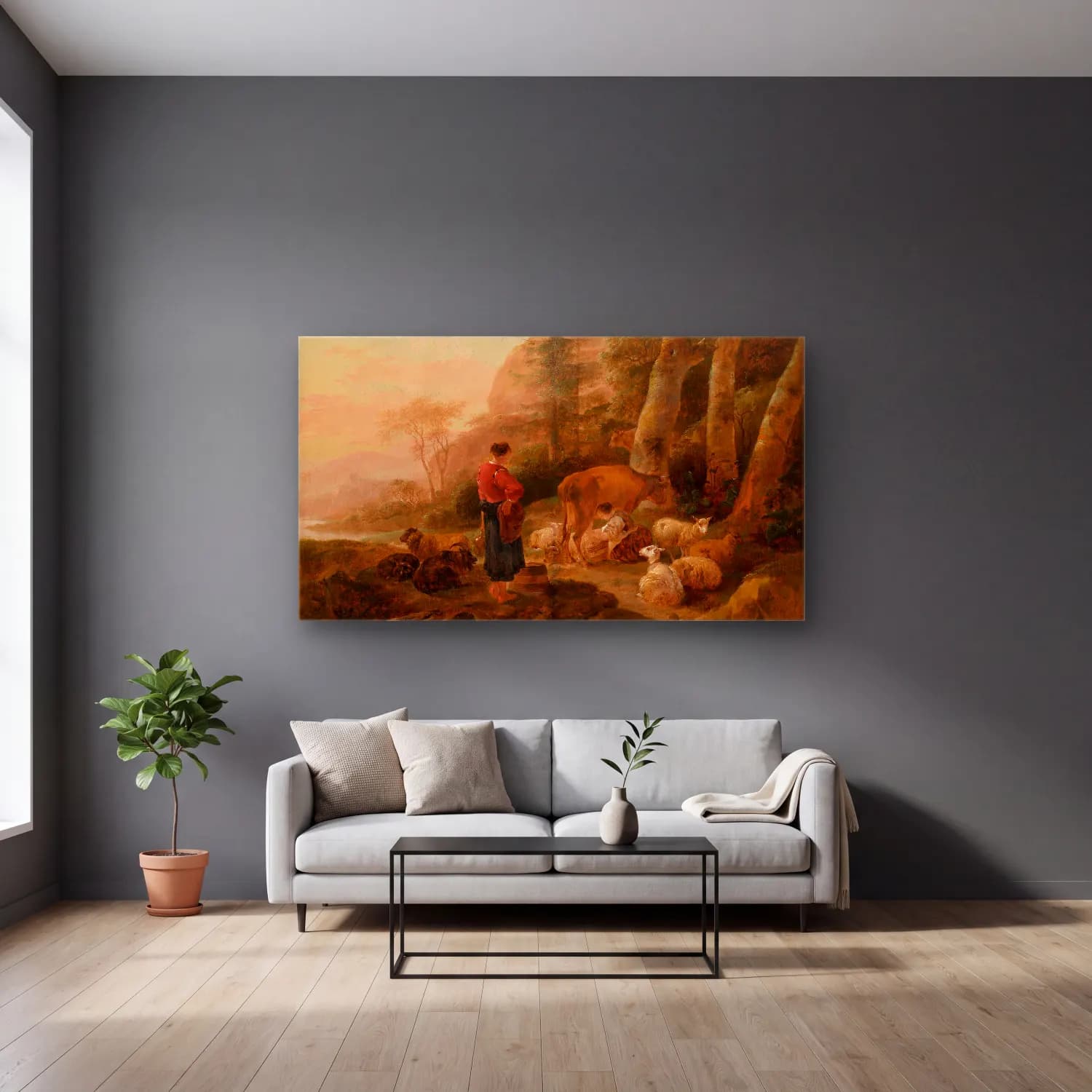Nicolaes Pietersz. Berchem – Italian Landscape cam tablo — gri duvarlı salonda