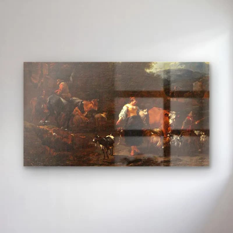 Nicolaes Pietersz. Berchem – Italian Landscape with Shepherds at a River (ca 1650-1655) cam tablo — Nicolaes Pietersz. Berchem – Italian Landscape with Shepherds at a River (ca 1650-1655) — yağlı boya i̇nek
