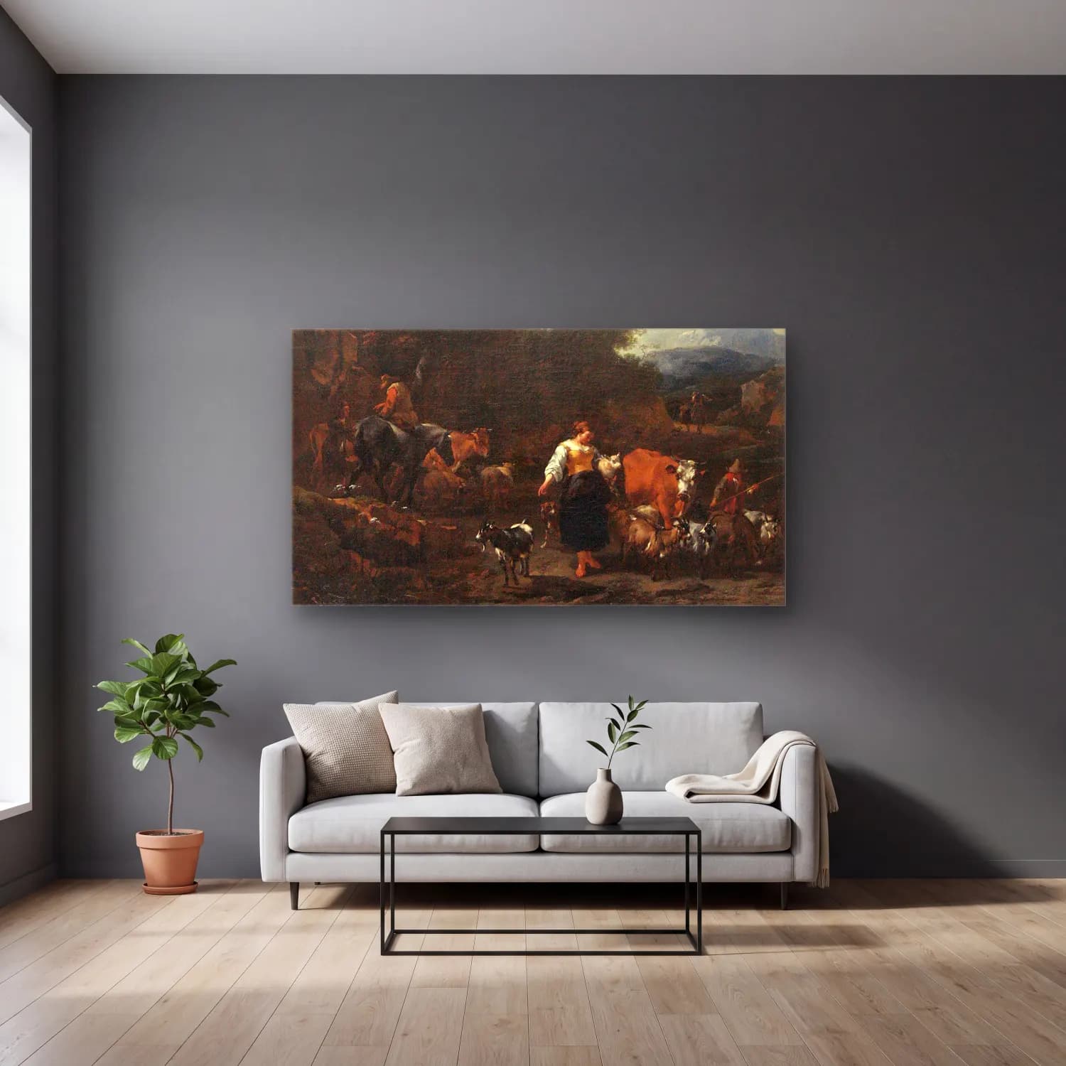 Nicolaes Pietersz. Berchem – Italian Landscape with Shepherds at a River (ca 1650-1655) cam tablo — gri duvarlı salonda