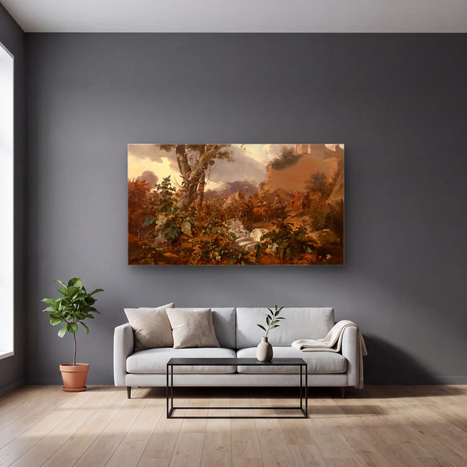 Nicolaes Pietersz. Berchem – Italian Landscape with a Cavalry Battle cam tablo — gri duvarlı salonda