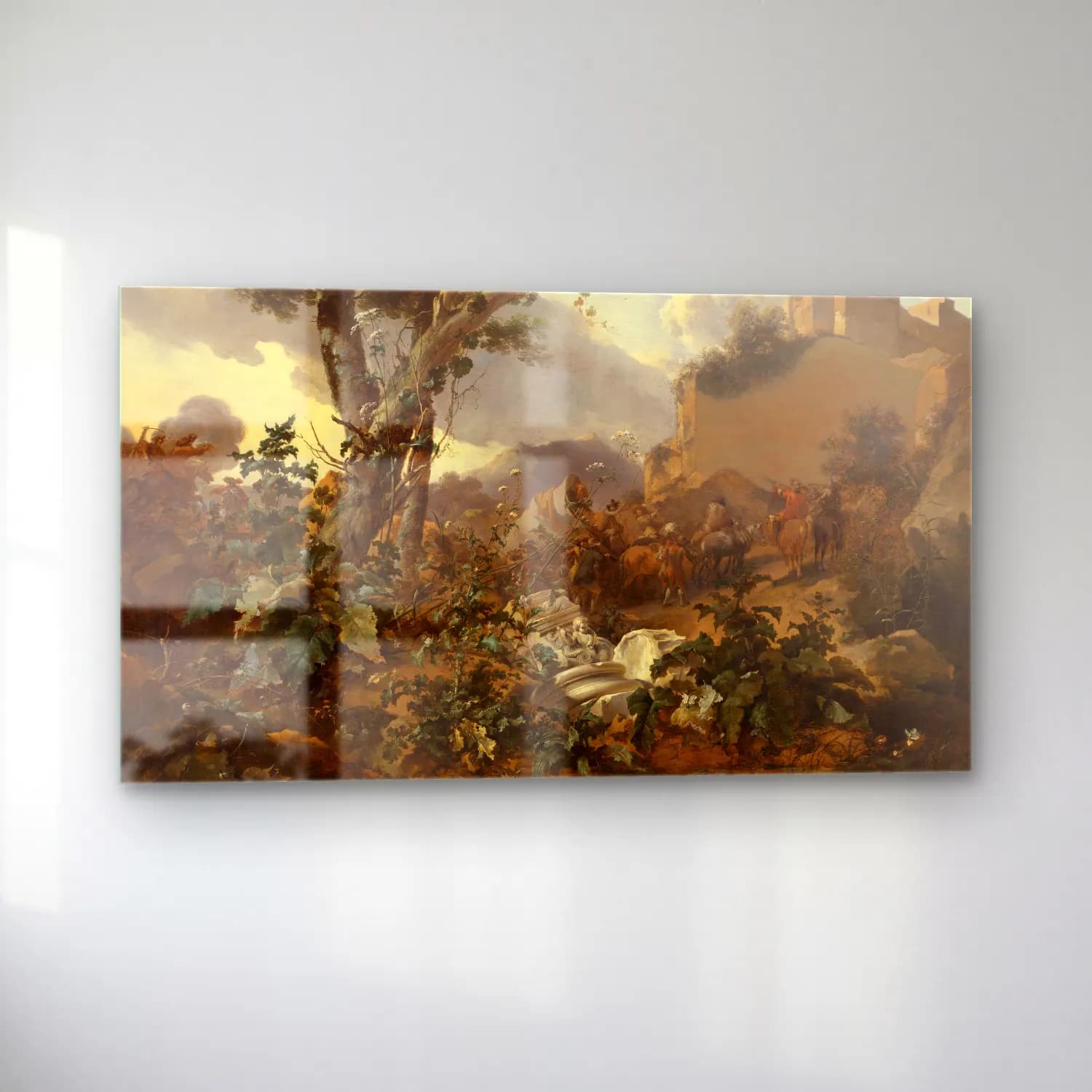 Nicolaes Pietersz. Berchem – Italian Landscape with a Cavalry Battle cam tablo — sol açıdan görünüm