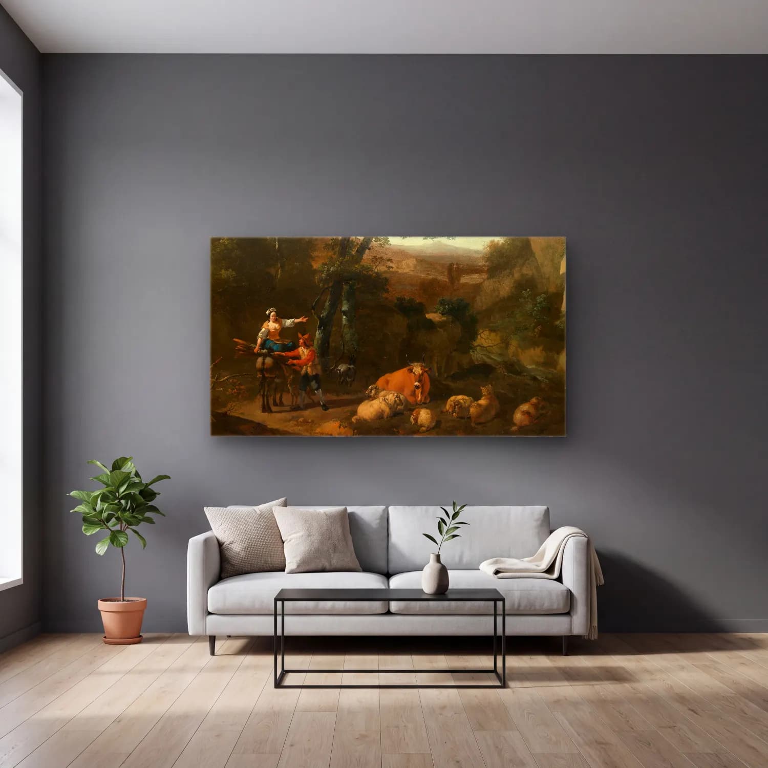 Nicolaes Pietersz. Berchem – Italian Landscape No. 5 cam tablo — gri duvarlı salonda
