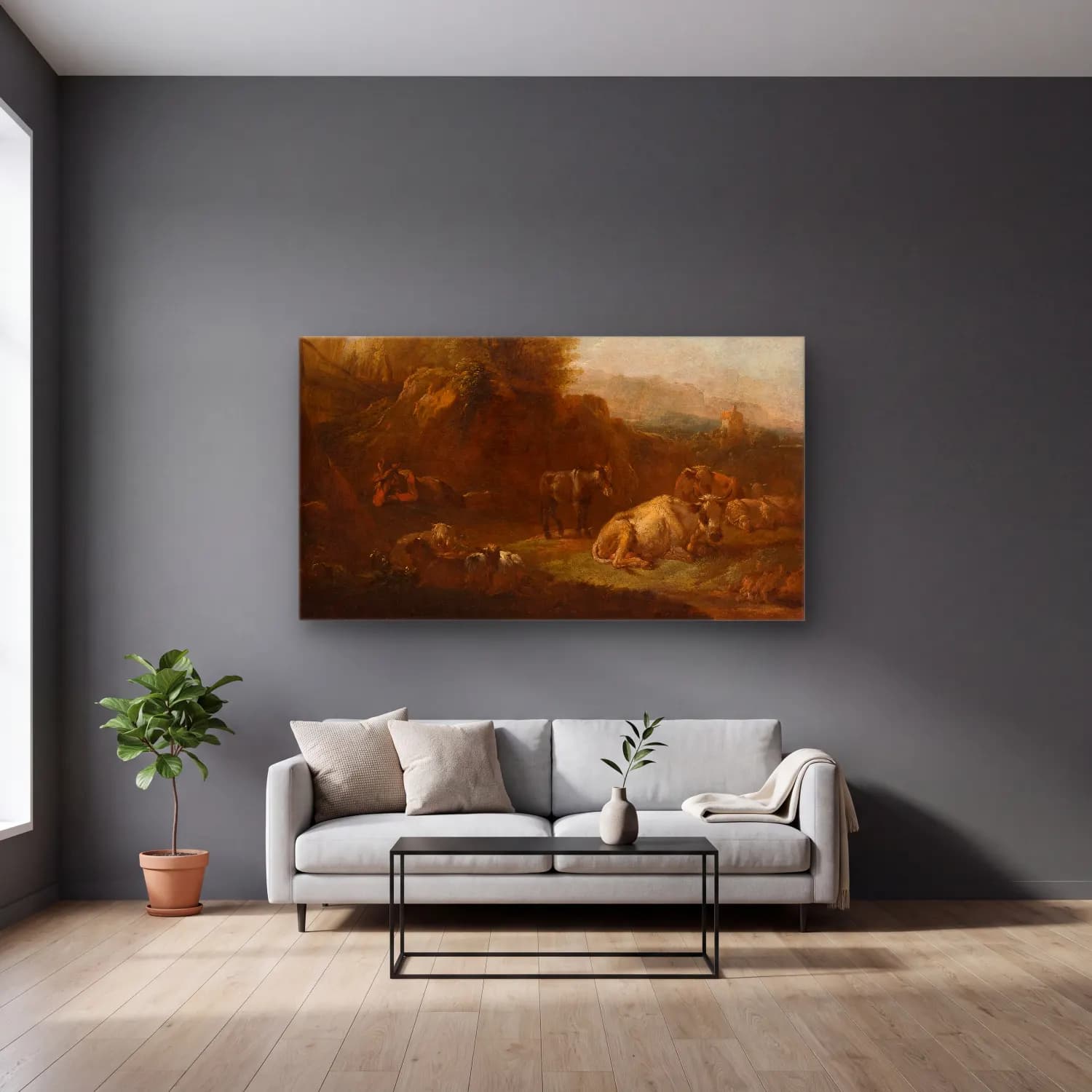 Nicolaes Pietersz. Berchem – Landscape with Animals and a Shepherd cam tablo — gri duvarlı salonda