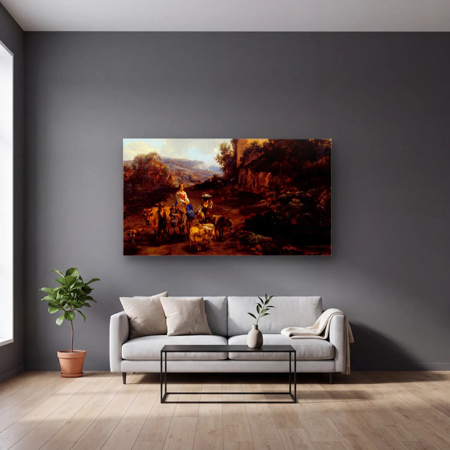 Nicolaes Pietersz. Berchem – Landscape with Ruins and Travelers cam tablo — gri duvarlı salonda