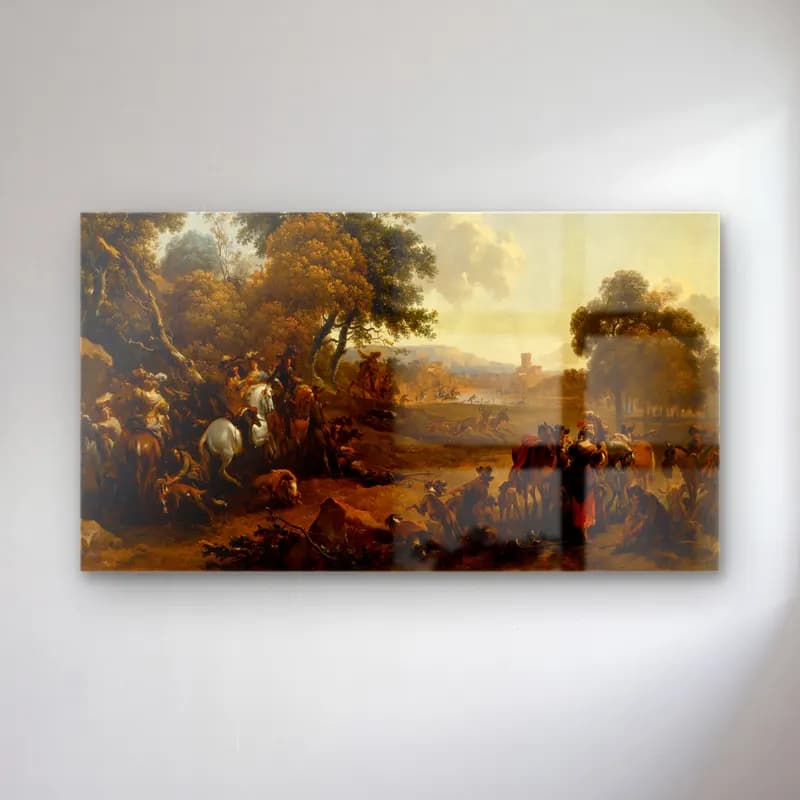 Nicolaes Pietersz. Berchem – Landscape with a Hunting Party cam tablo — Nicolaes Pietersz. Berchem – Landscape with a Hunting Party — yağlı boya savaş sahnesi