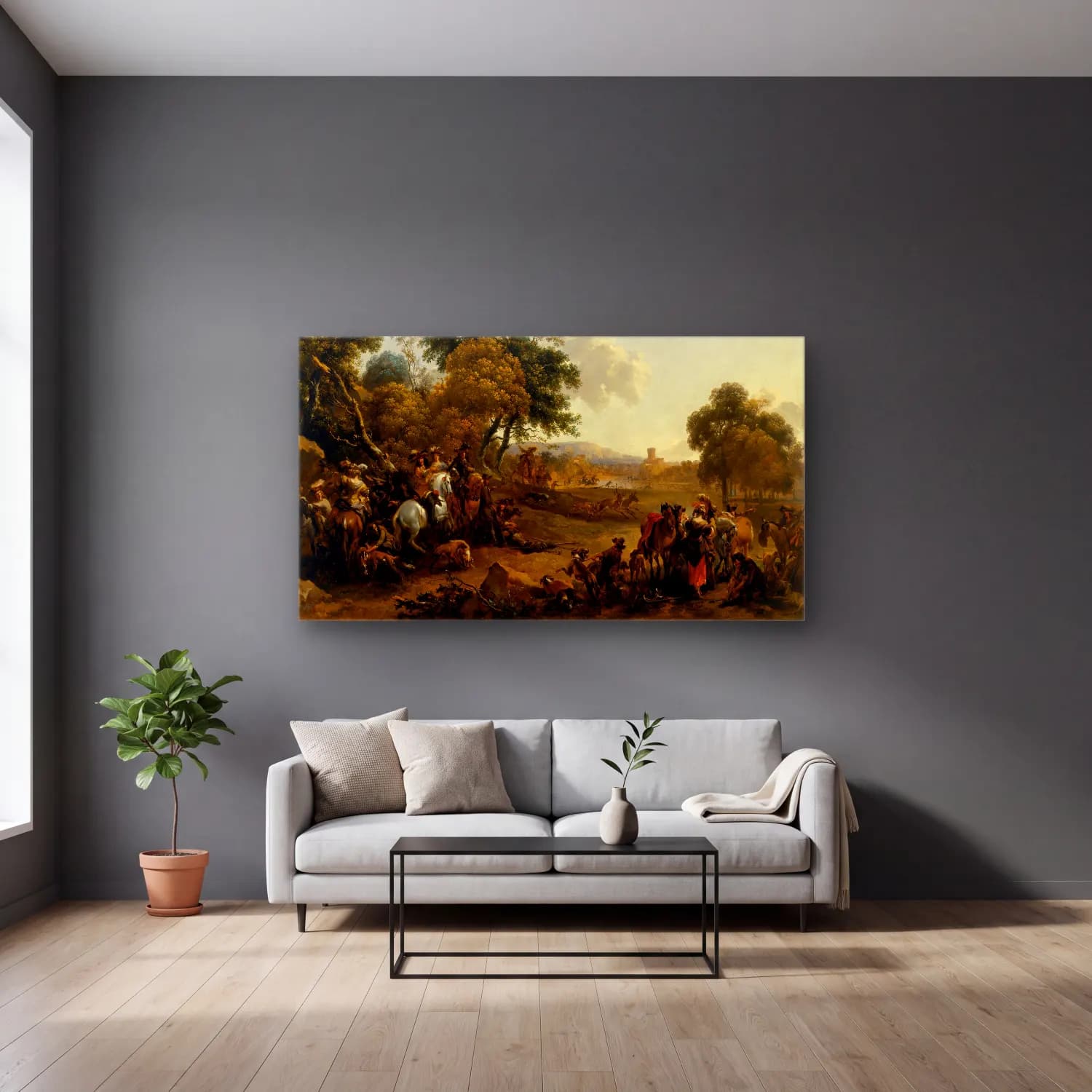 Nicolaes Pietersz. Berchem – Landscape with a Hunting Party cam tablo — gri duvarlı salonda