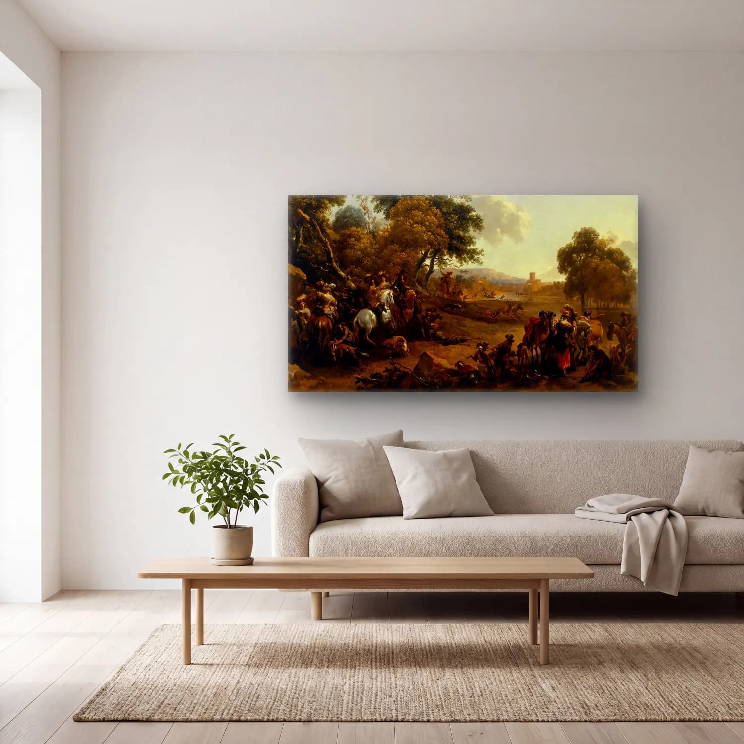 Nicolaes Pietersz. Berchem – Landscape with a Hunting Party cam tablo — açık renk salonda