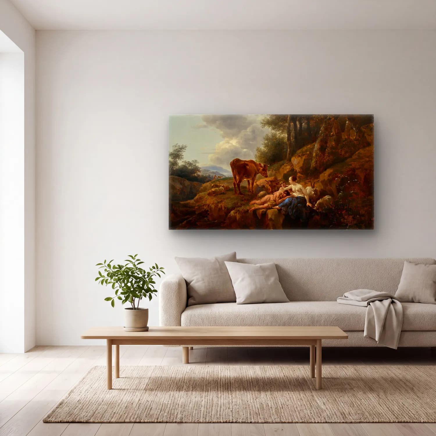 Nicolaes Pietersz. Berchem – Landscape with a Nymph and a Satyr cam tablo — açık renk salonda