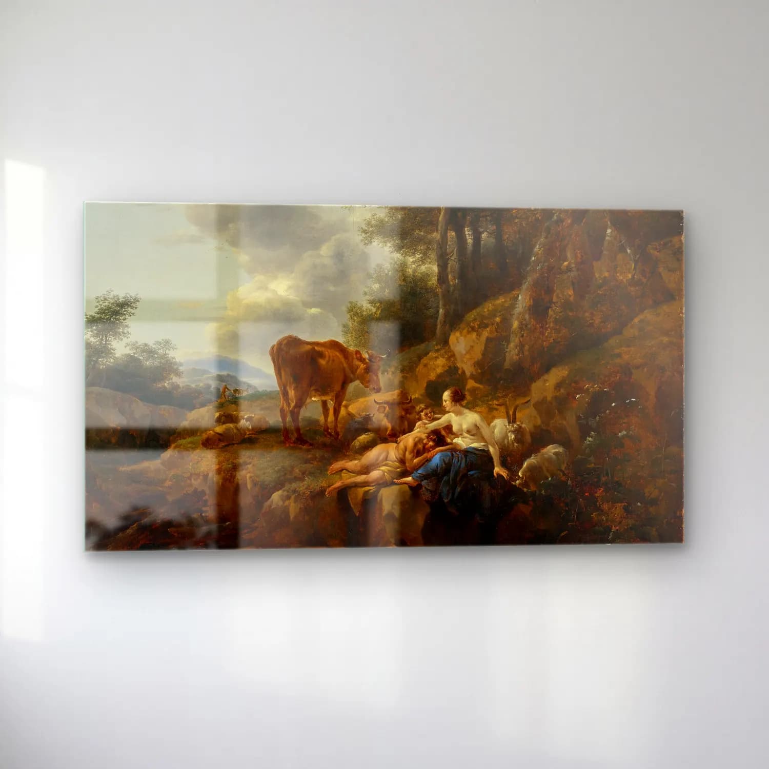 Nicolaes Pietersz. Berchem – Landscape with a Nymph and a Satyr cam tablo — sol açıdan görünüm