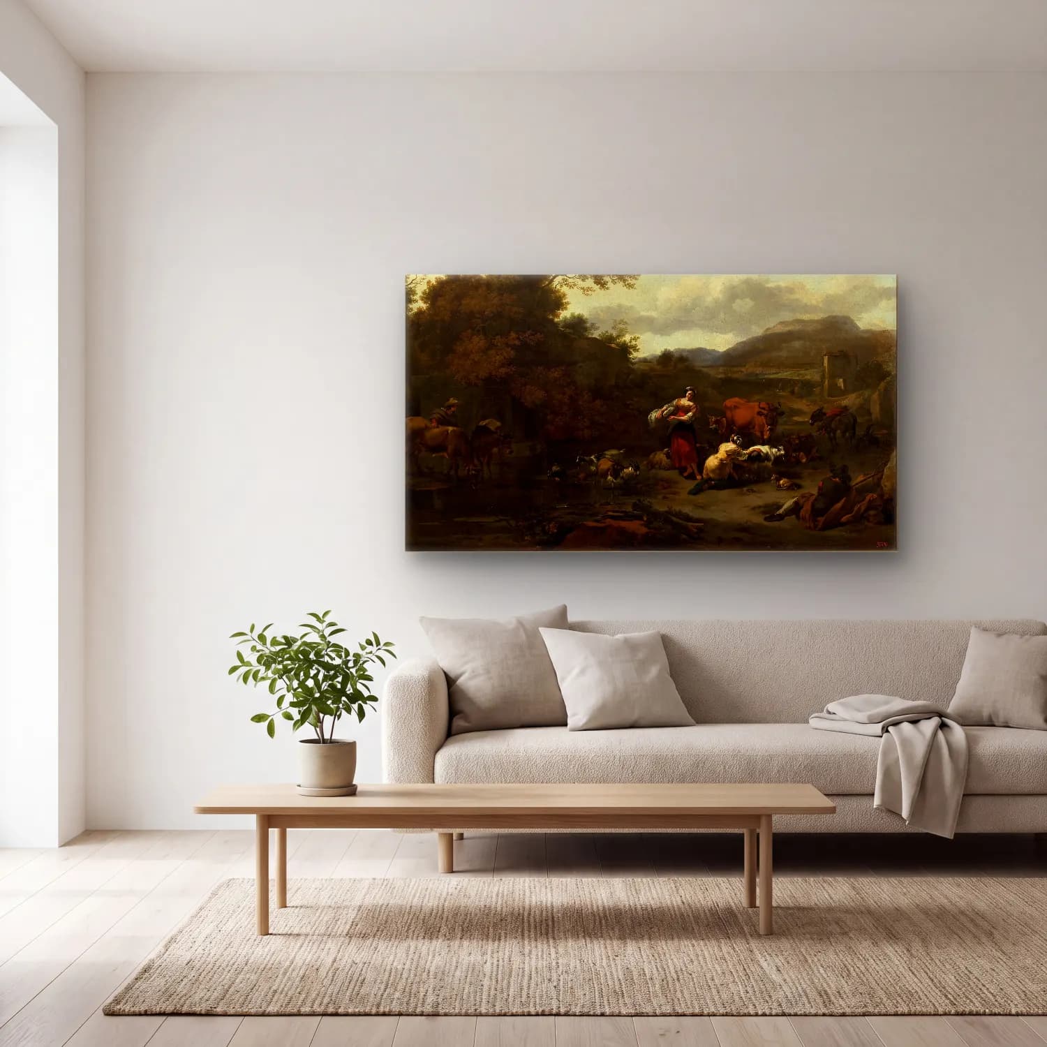 Nicolaes Pietersz. Berchem – Landscape with a pastoral scene cam tablo — açık renk salonda